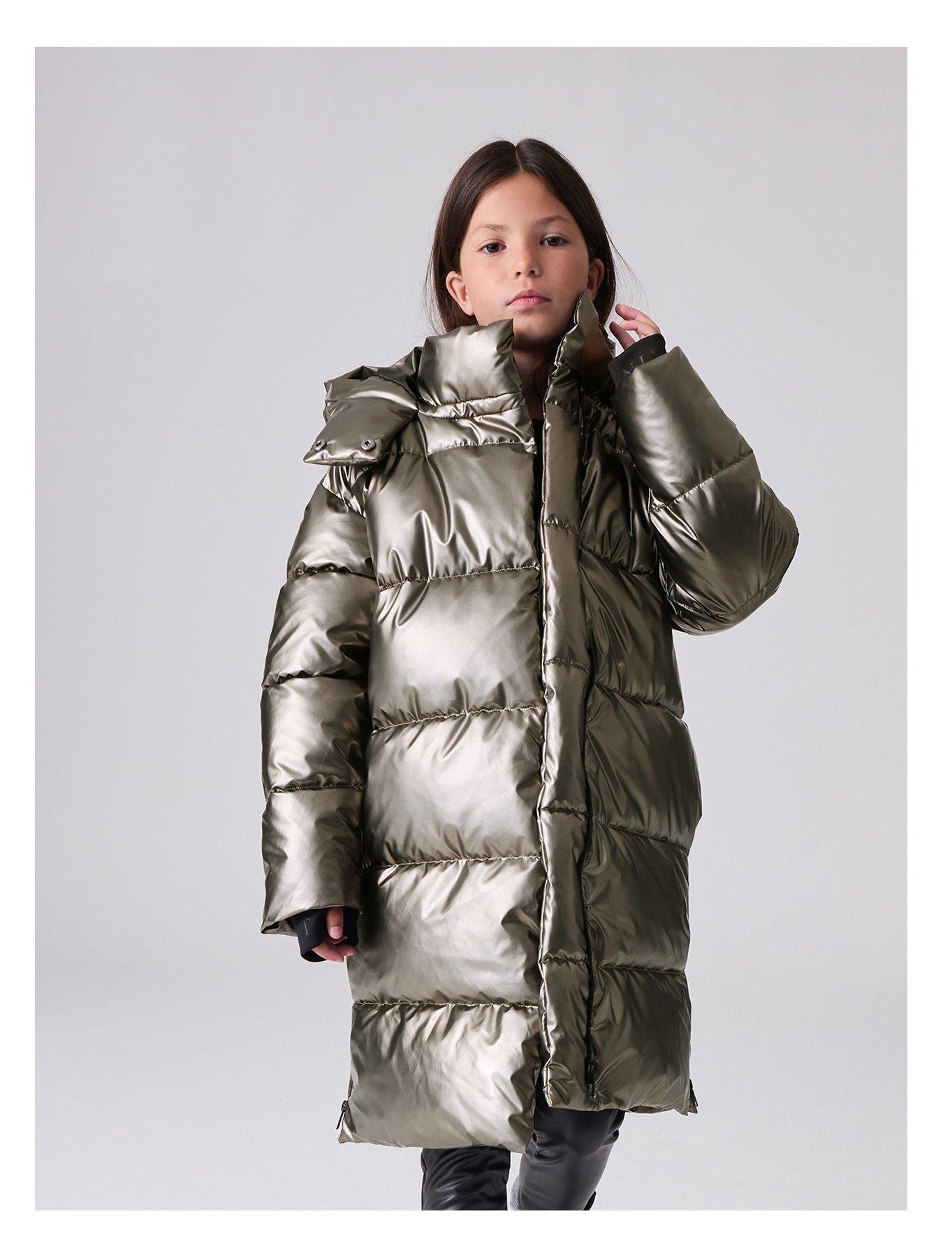 Girls Longline Metallic Padded Coat Silver