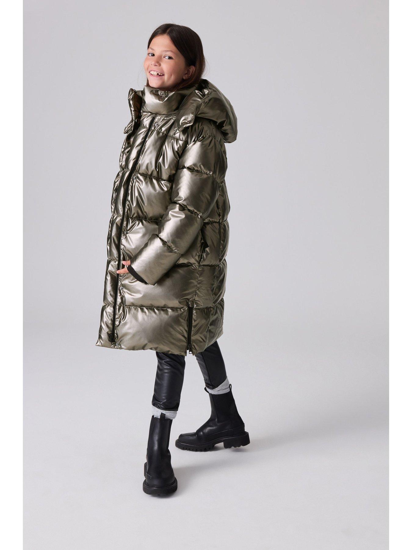Girls Longline Metallic Padded Coat Silver