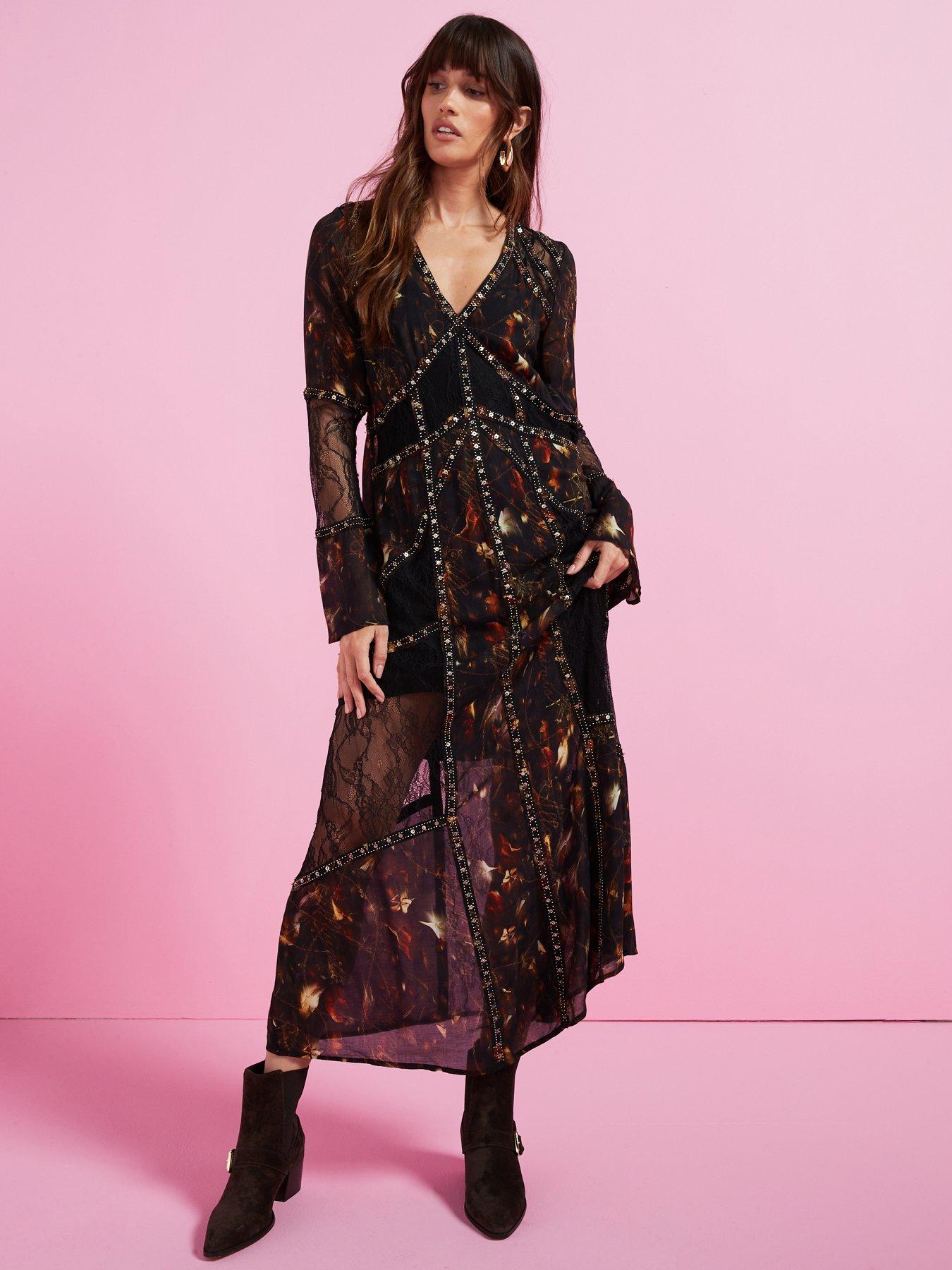 AllSaints Bryn Embellished Panelled Maxi Dress Black Very