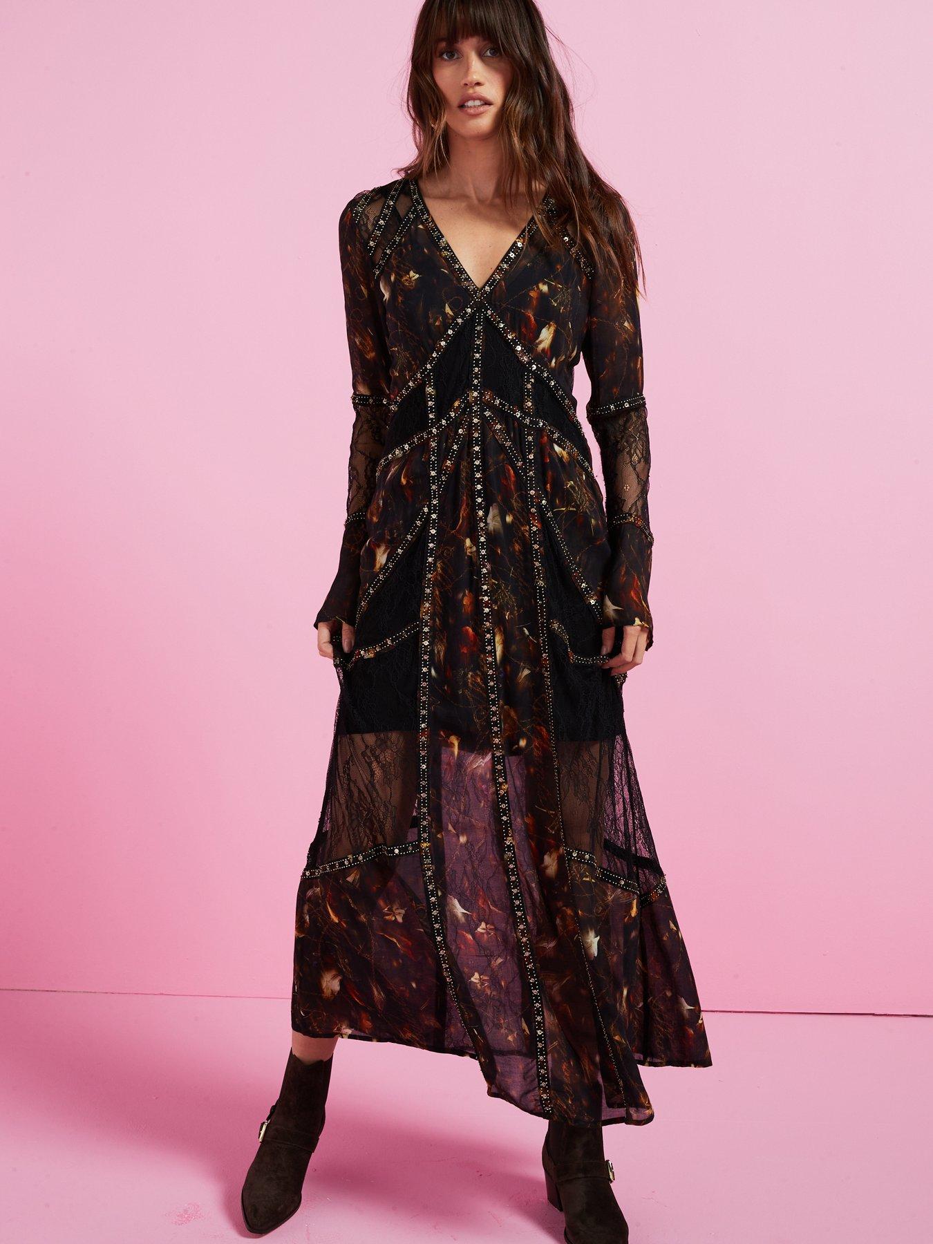 AllSaints Bryn Embellished Panelled Maxi Dress Black