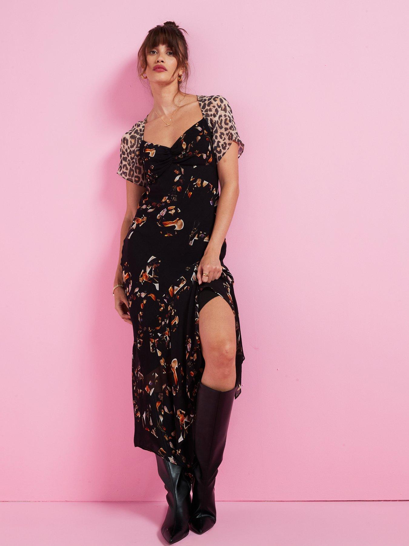 undefined Leah Floral Print Midi Dress - Black