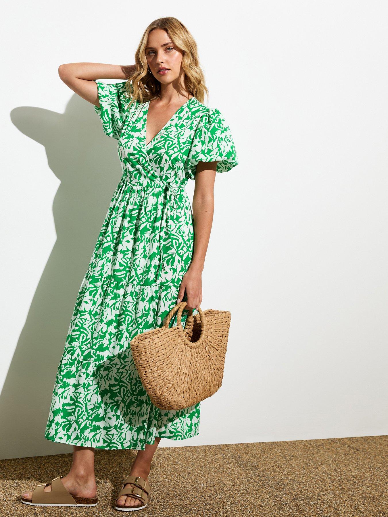 undefined Green Abstract Print Puff Sleeve Wrap Midi Dress