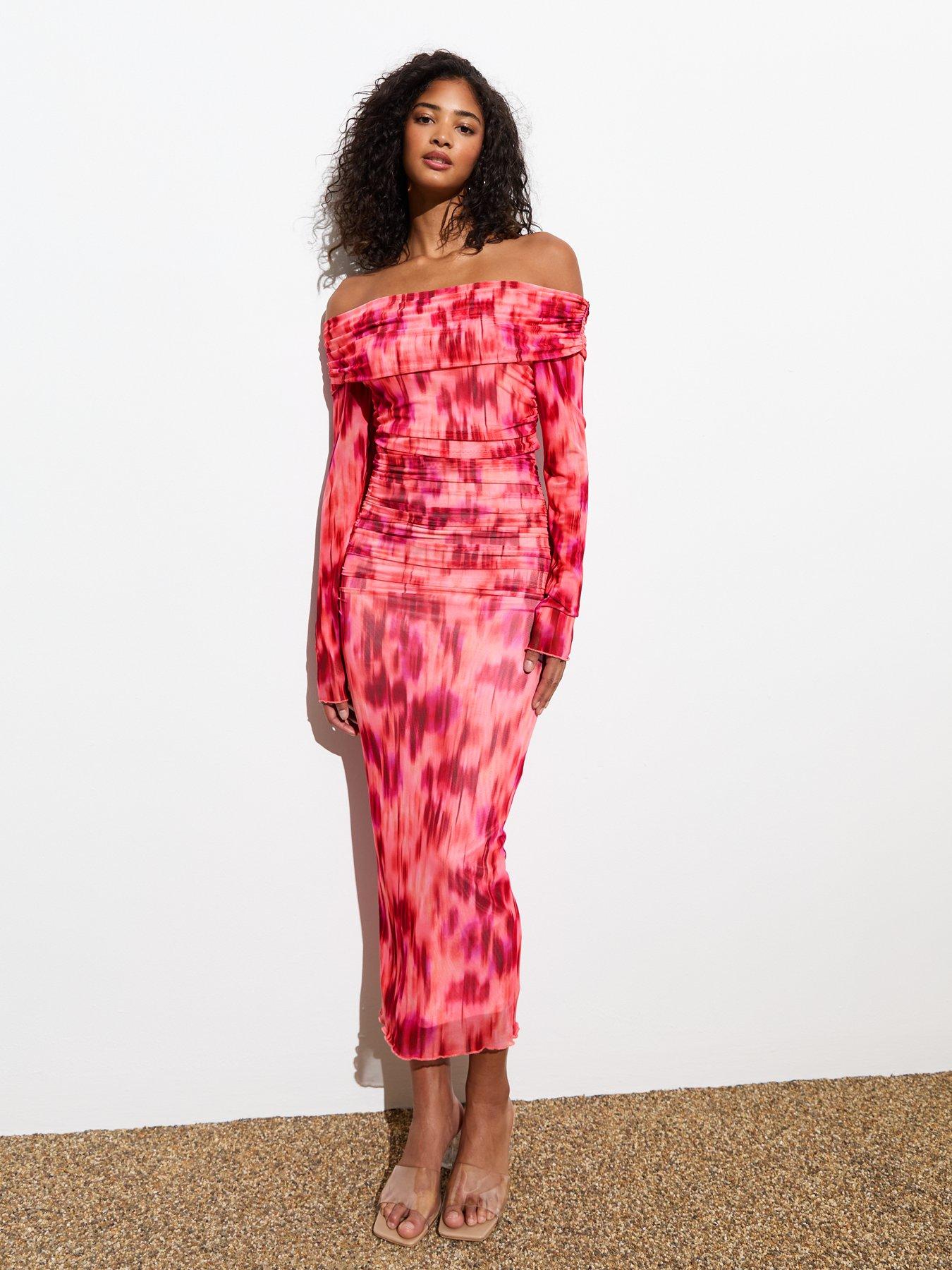 undefined Pink Abstract Print Bardot Neck Midi Dress