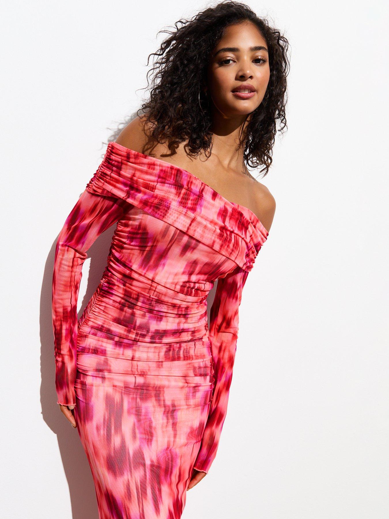 Pink Abstract Print Bardot Neck Midi Dress