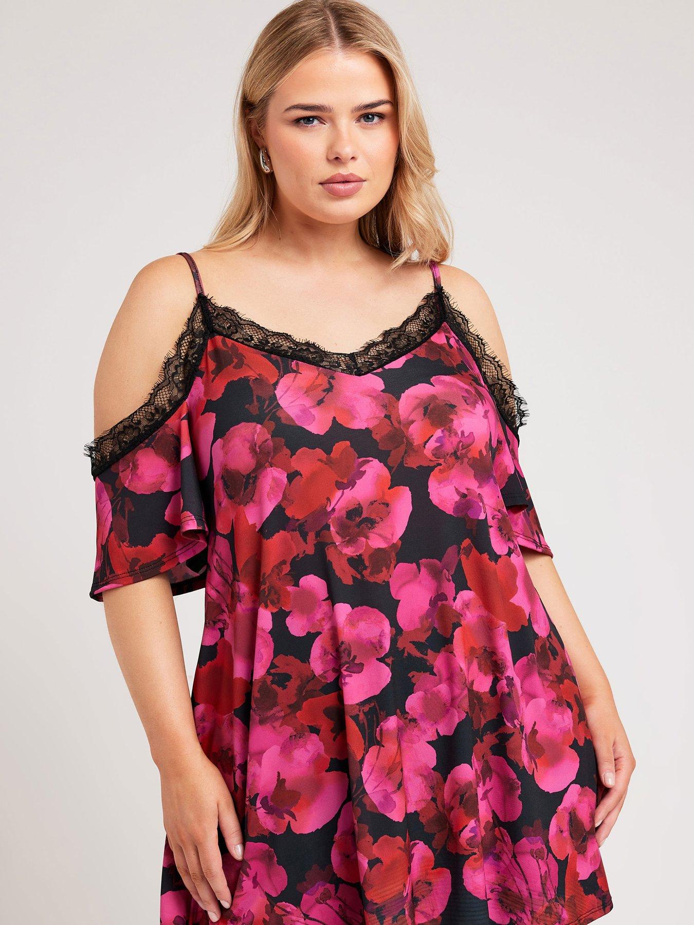 Curve Floral Lace Cold Shoulder Swing Top