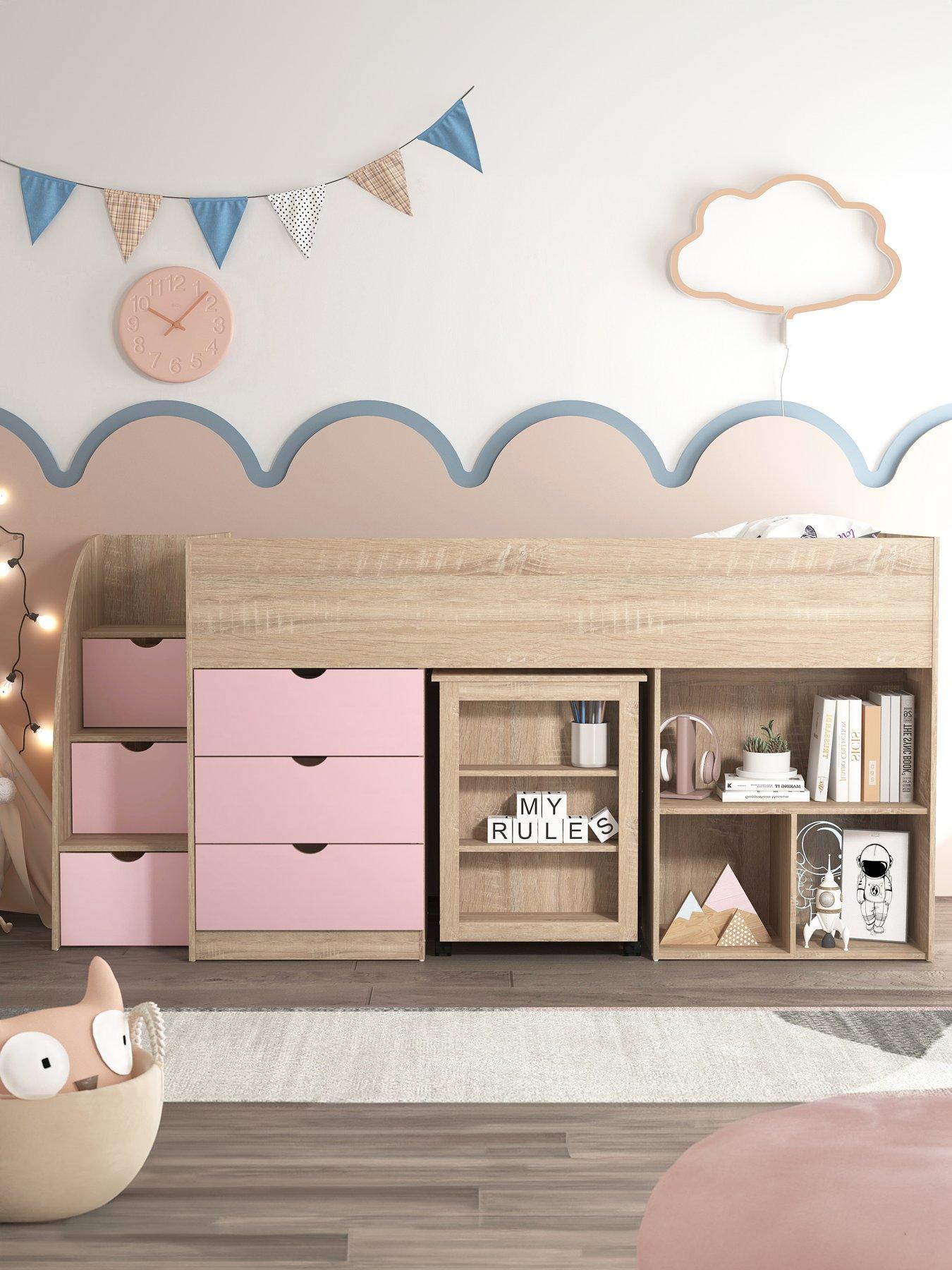 Very Home Mico Mid Sleeper Bed with Pull-Out Desk, Storage and Mattress Options (Buy  &  SAVE!) - Light Pink/Oak Effect