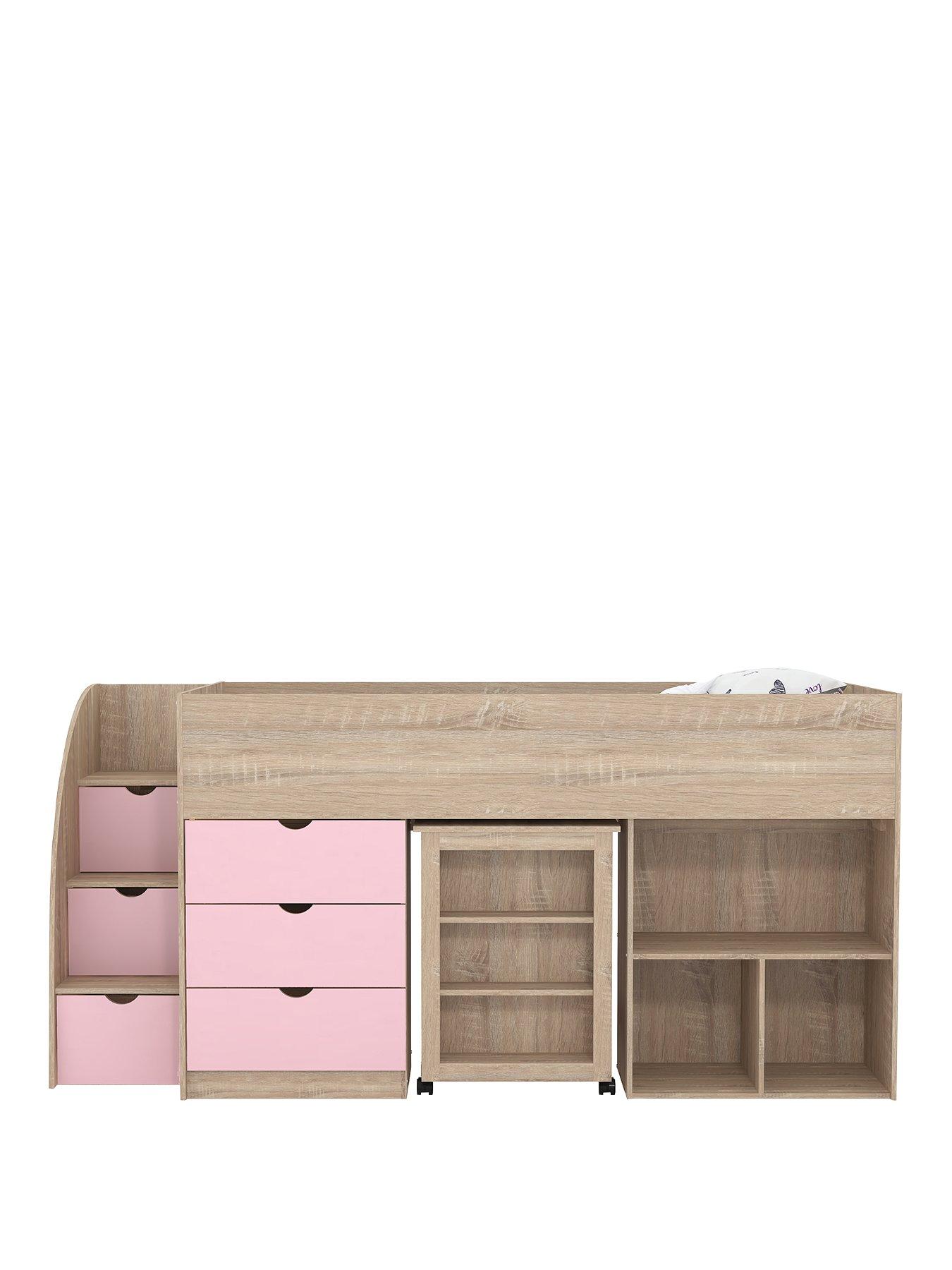 Image 2 of 7 of Very Home Mico Mid Sleeper Bed with Pull-Out Desk,&nbsp;Storage and Mattress Options (Buy&nbsp;&amp; SAVE!)&nbsp;- Light Pink/Oak Effect