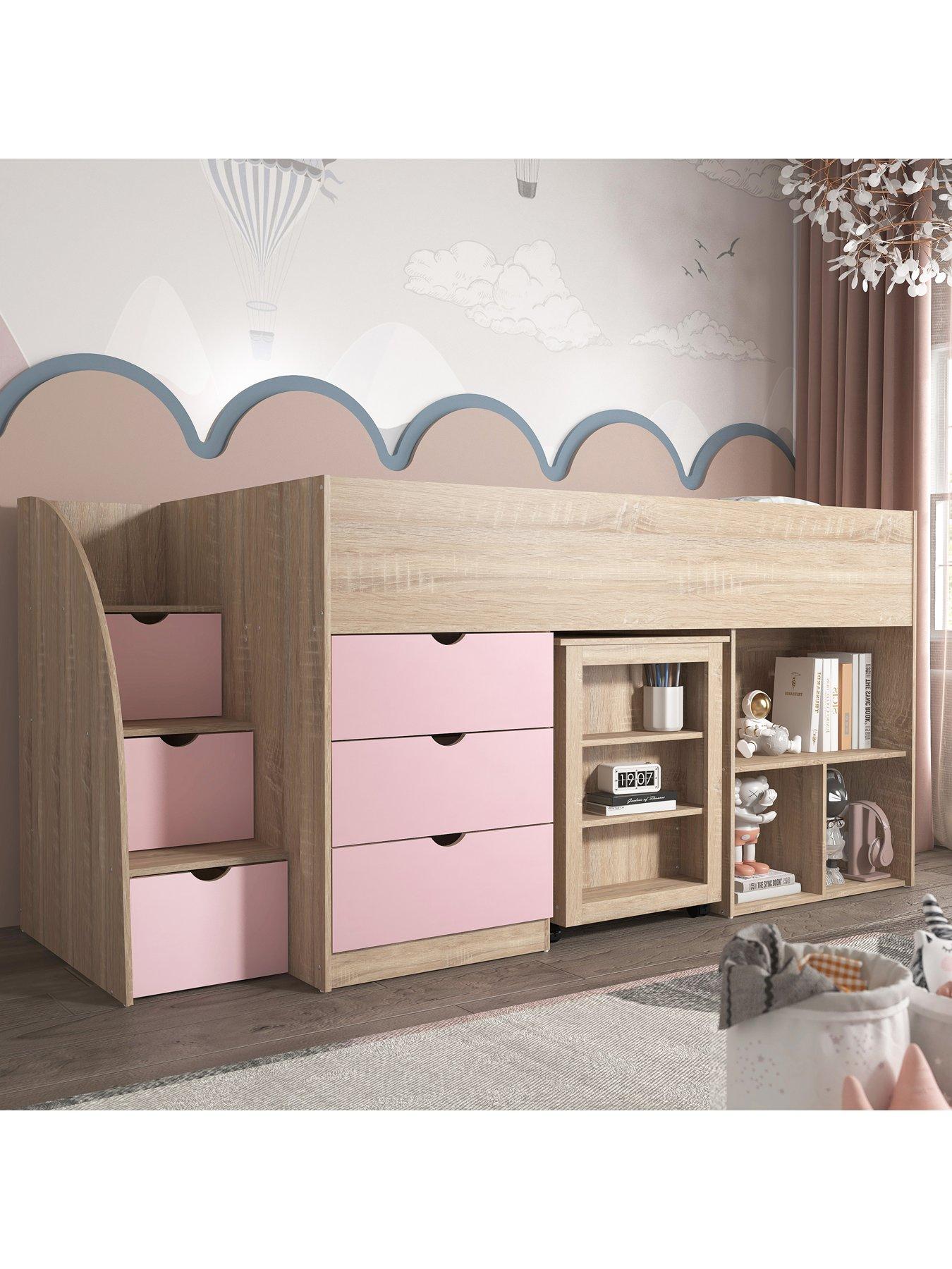 Image 4 of 7 of Very Home Mico Mid Sleeper Bed with Pull-Out Desk,&nbsp;Storage and Mattress Options (Buy&nbsp;&amp; SAVE!)&nbsp;- Light Pink/Oak Effect