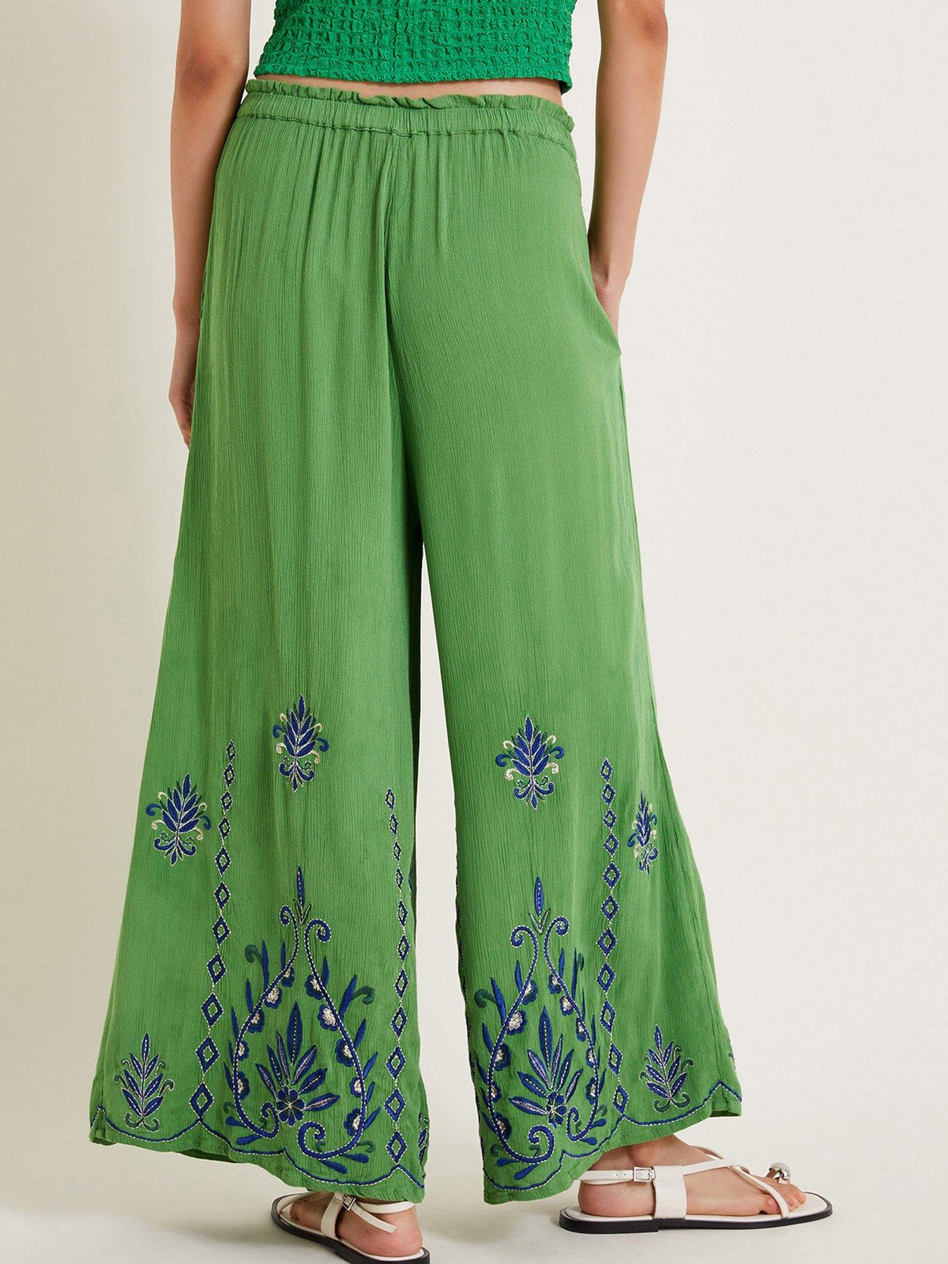 Monsoon Saffron Embroidered Wide Leg Trousers Green | Very.co.uk