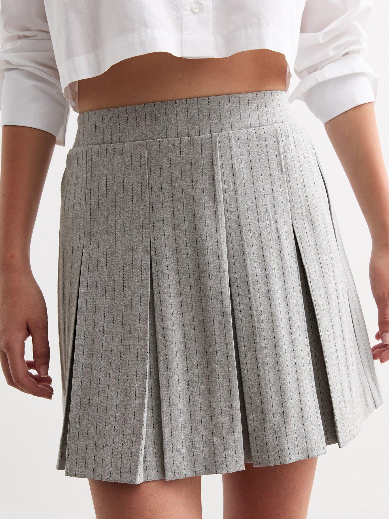 New Look Pinstripe Pleated Mini Skirt Light Grey Very