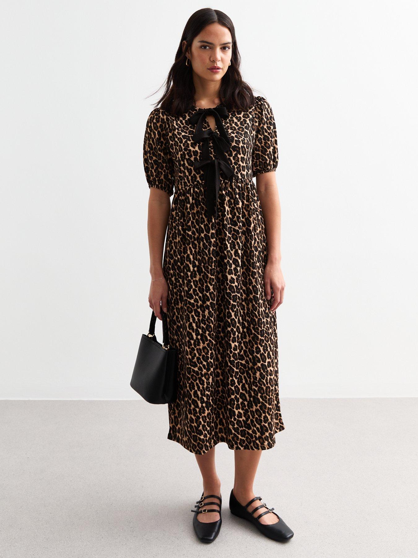 Leopard Tie Detail Puff Sleeve Midi Dress Print