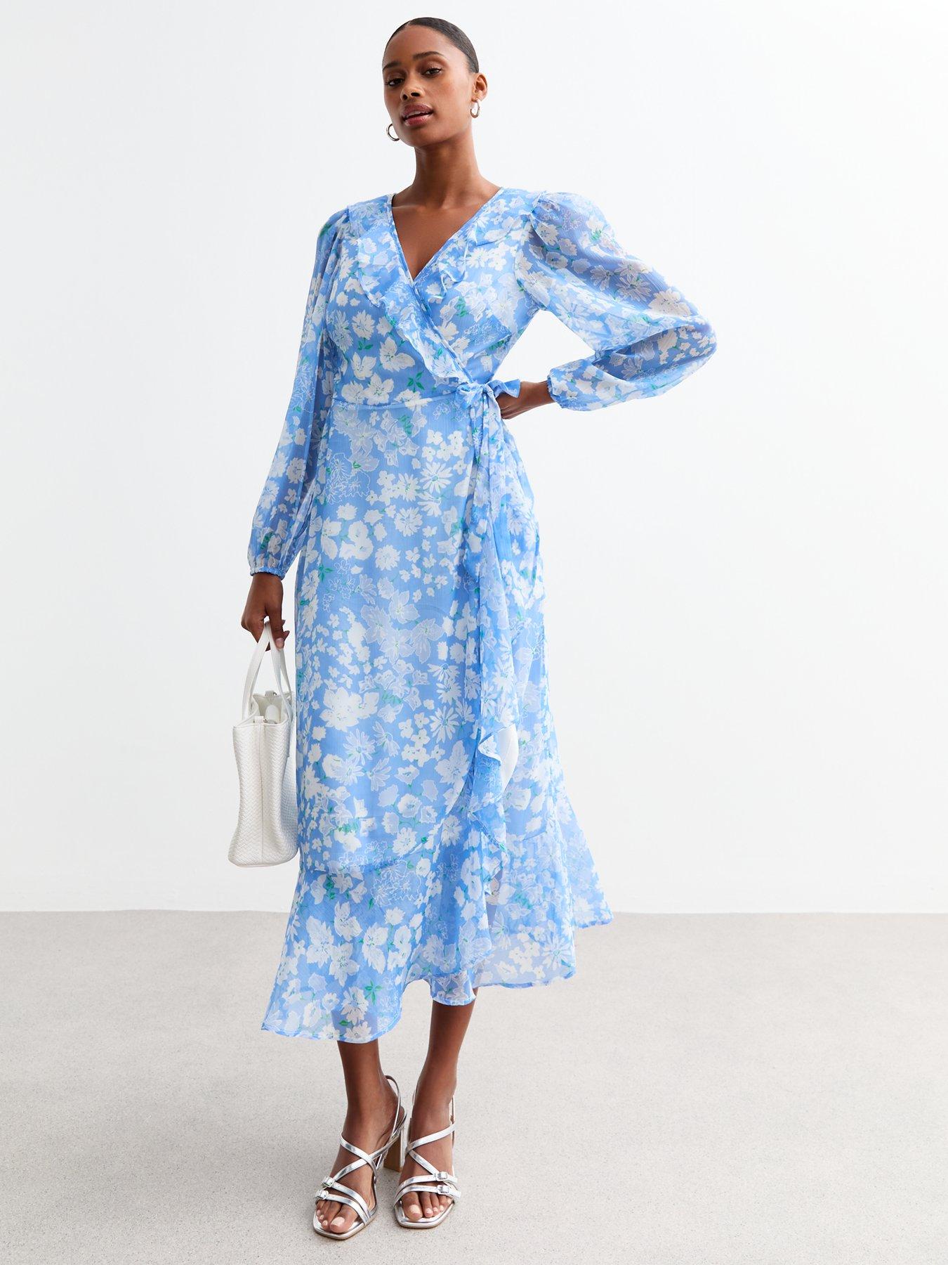 New Look Blue Floral Wrap Chiffon Midi Dress Very