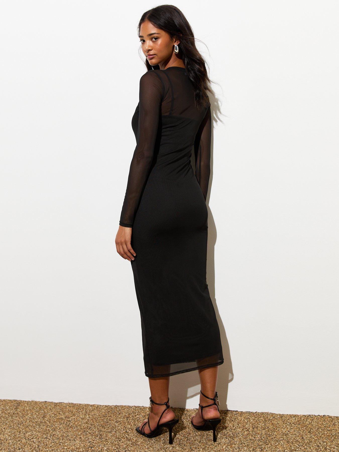 New Look Black Long Sleeve Layered Mesh Midi Dress | Very.co.uk