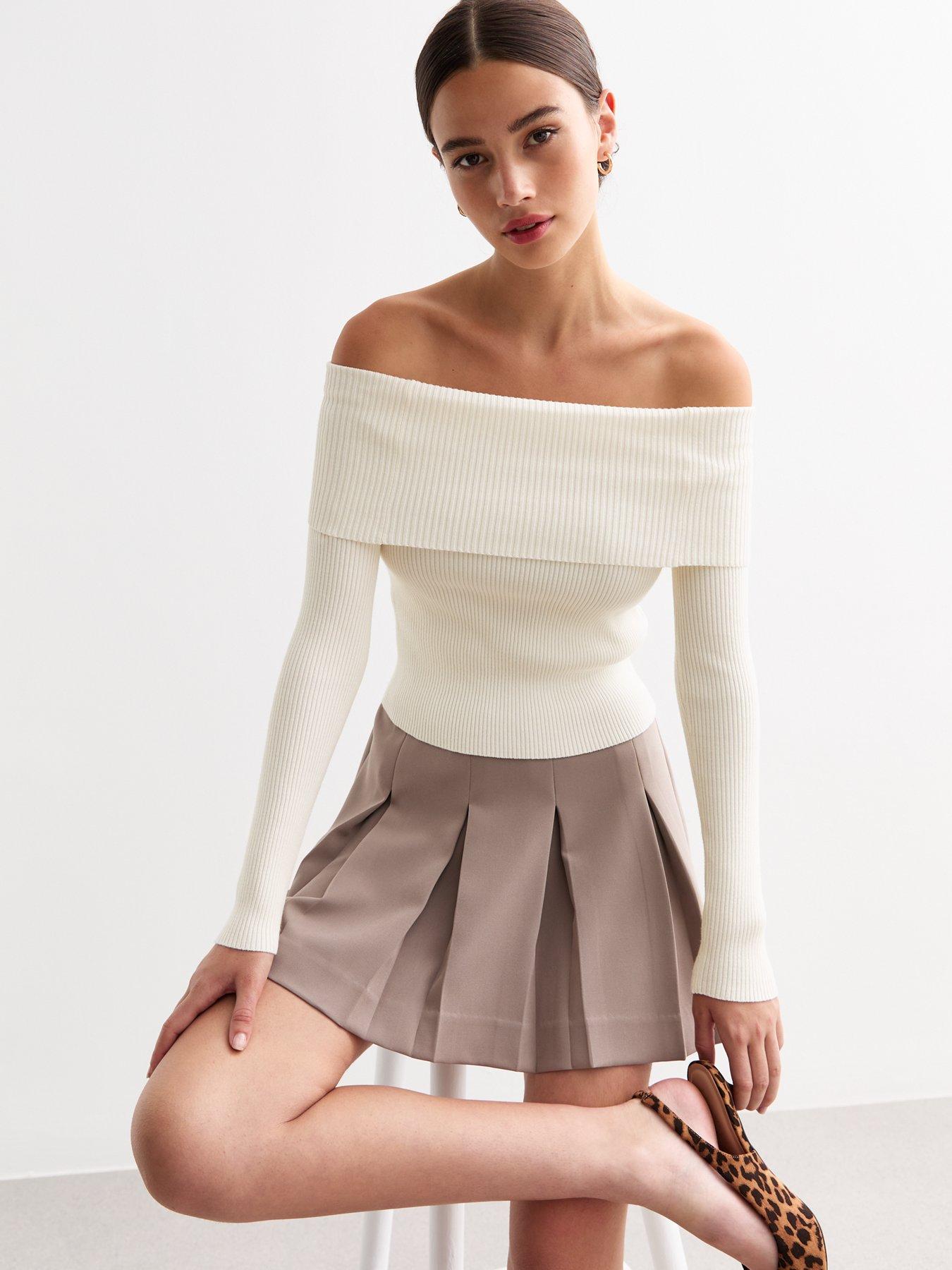 undefined Rib Knit Foldover Bardot Jumper - Cream