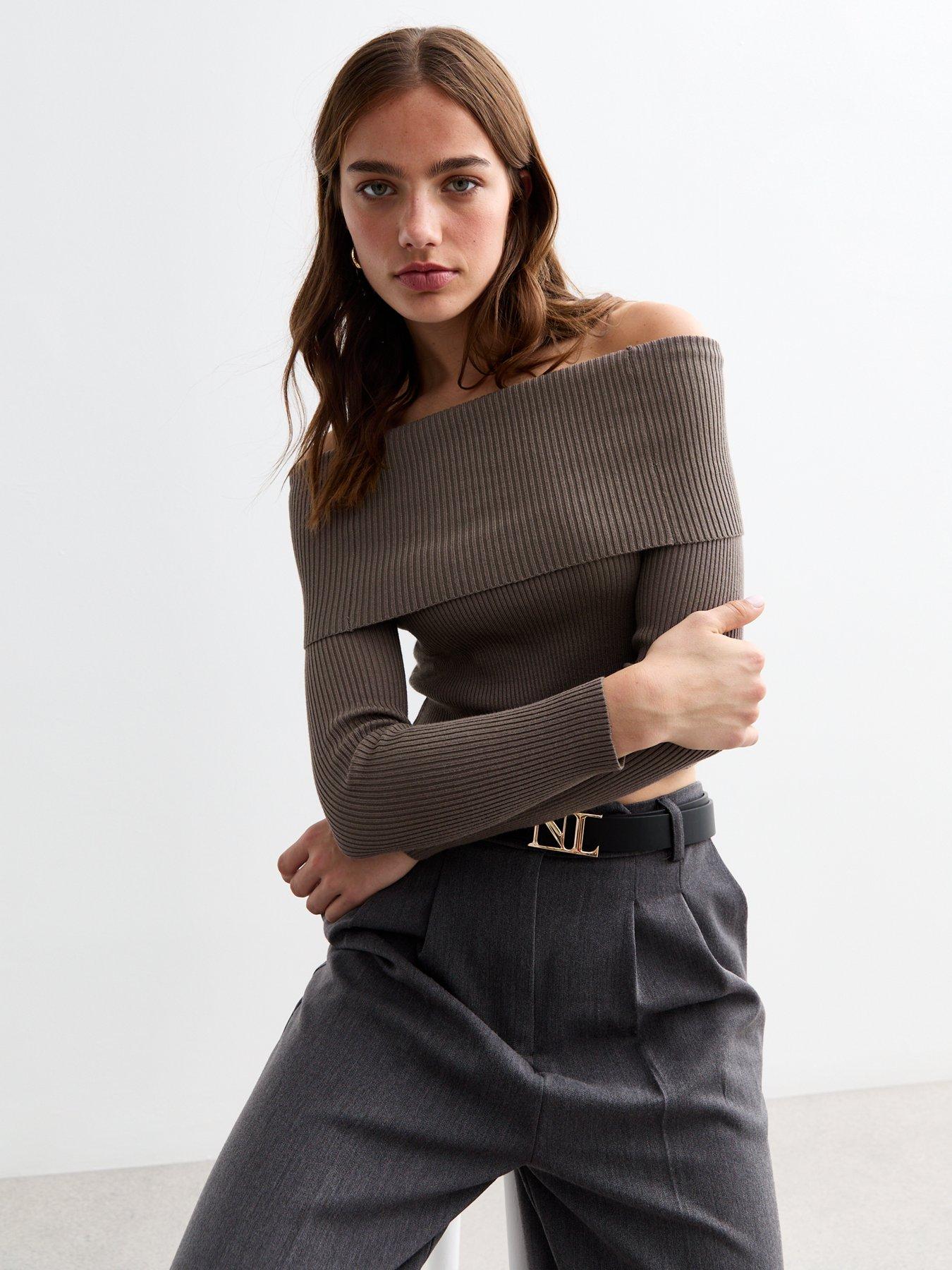 undefined Rib Knit Foldover Bardot Jumper - Brown