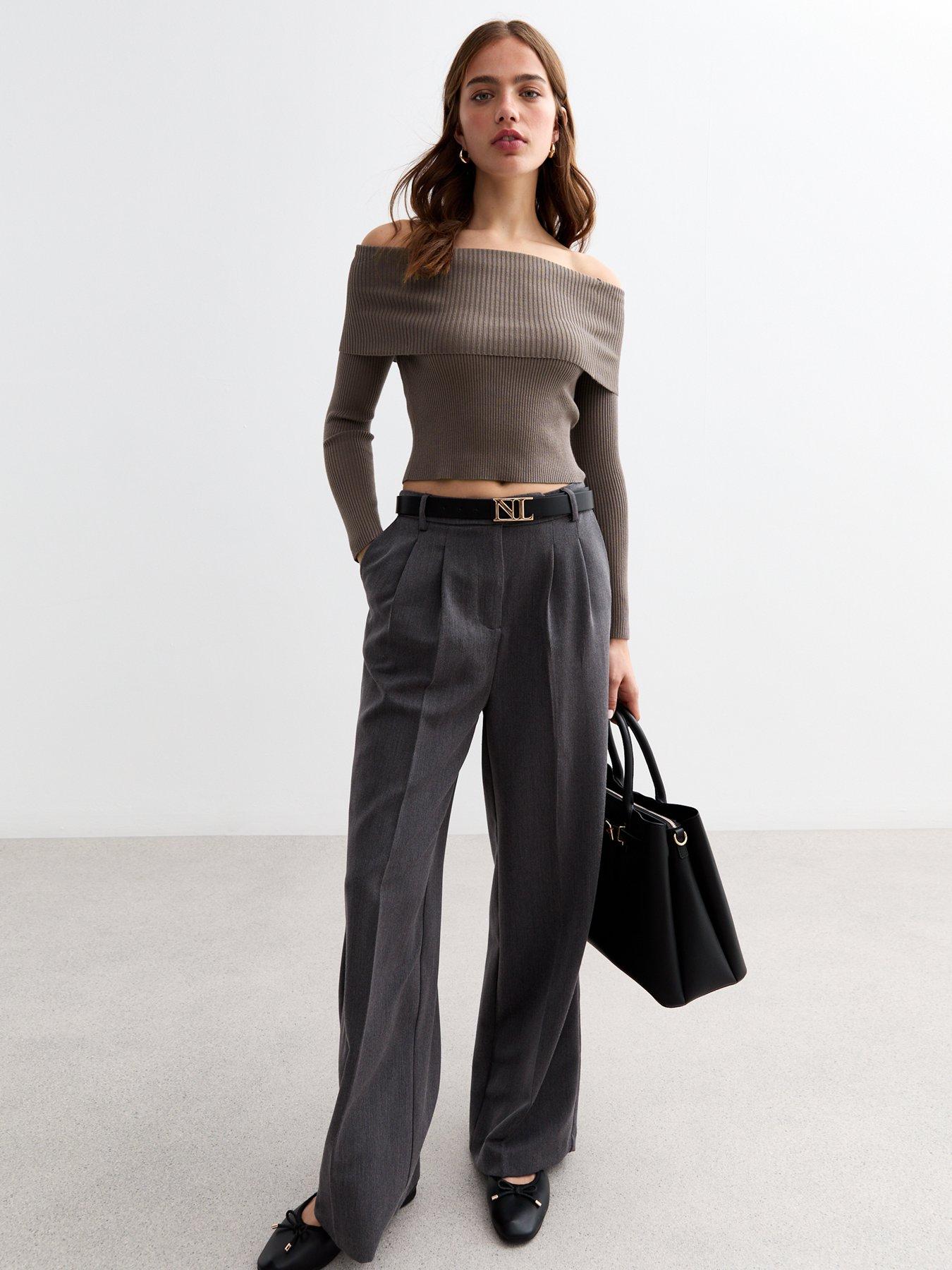 Rib-knit Belted Foldover Bardot Palazzo Jumpsuit