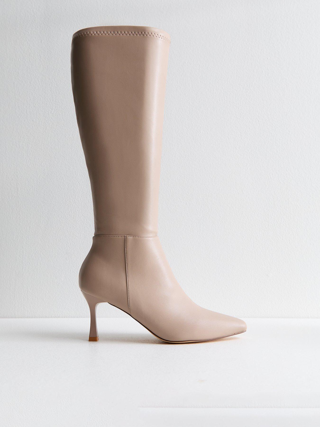 undefined Faux Leather Knee High Stiletto Boots - Beige
