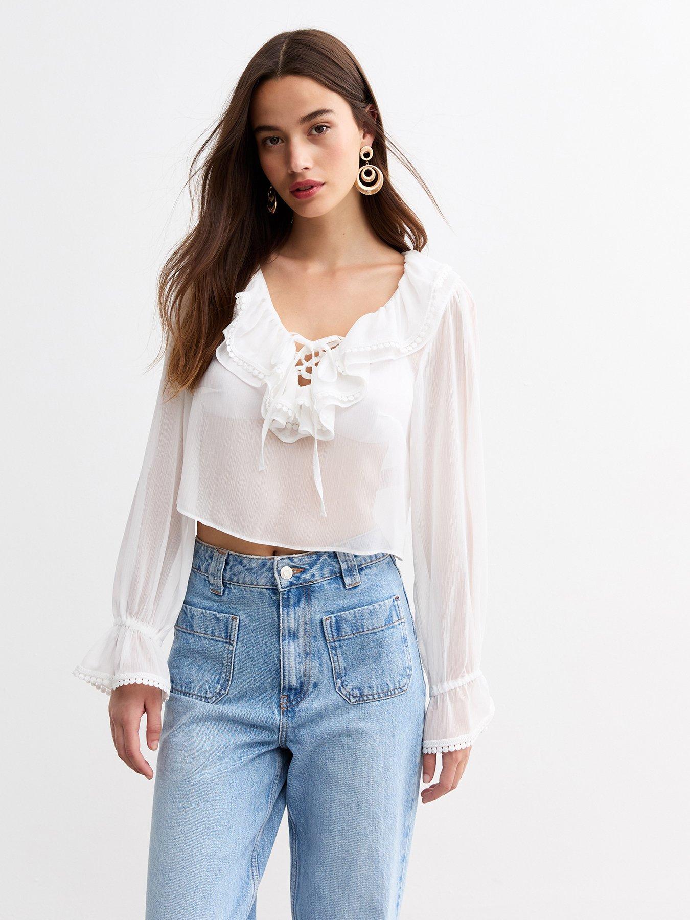White Ruffle Trim Chiffon Blouse