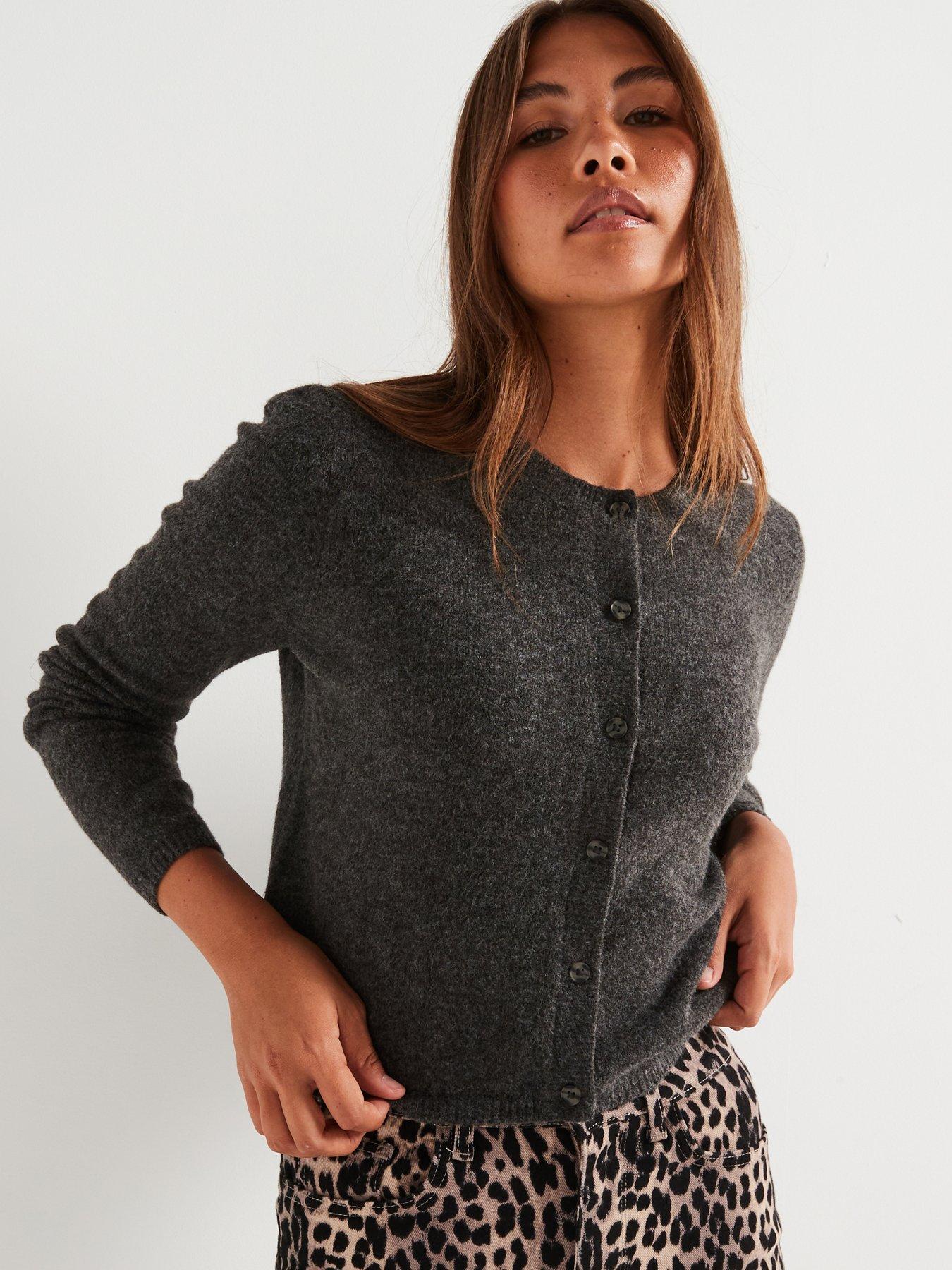 undefined Round Neck Button Cardigan - Grey