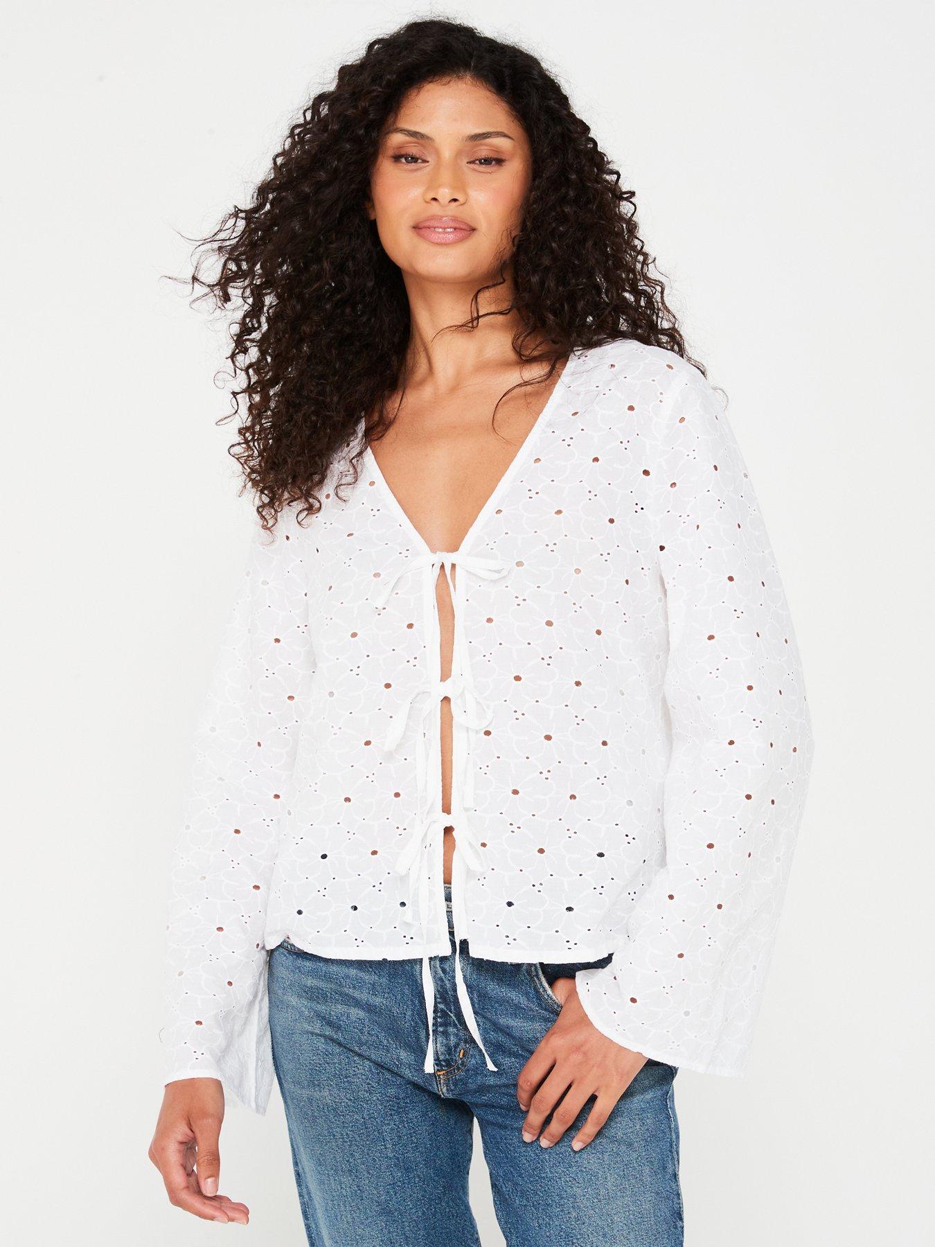 undefined Avery Long Sleeve Bow Tie Top - White