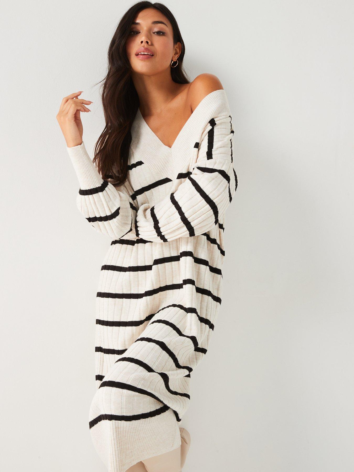 1050~Knitted SWAPS Midi Dress with V Neckline main image 1