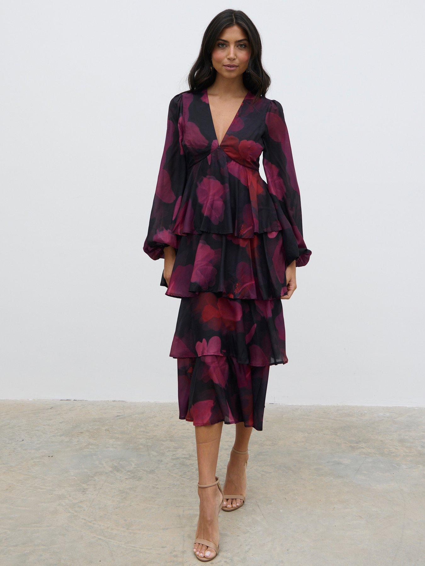 undefined Ashton Ruffle Midaxi Dress - Dark Berry Floral - Multi