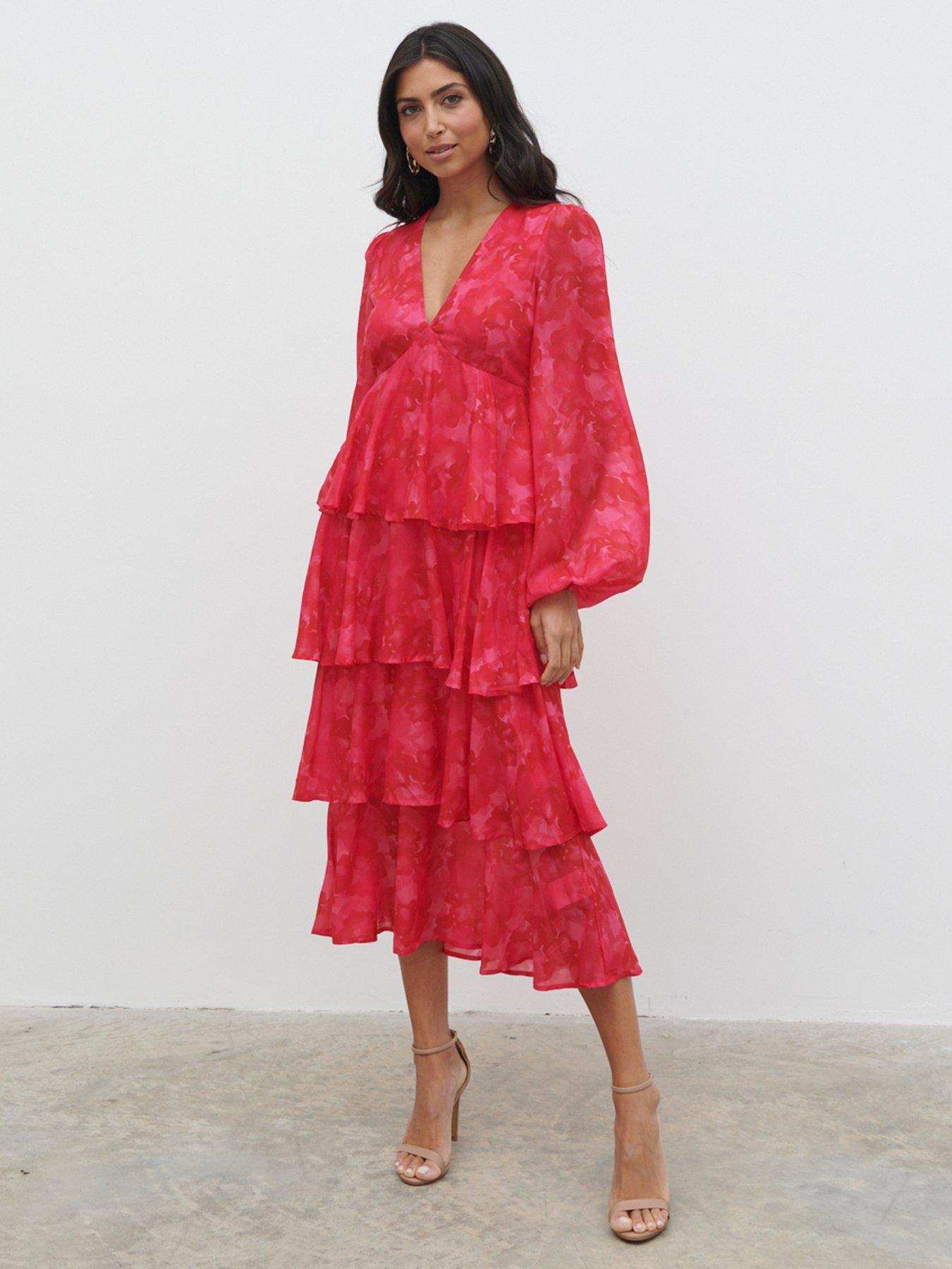 Pretty Lavish Ashton Ruffle Midi Dress - Pink & Red | Very.co.uk