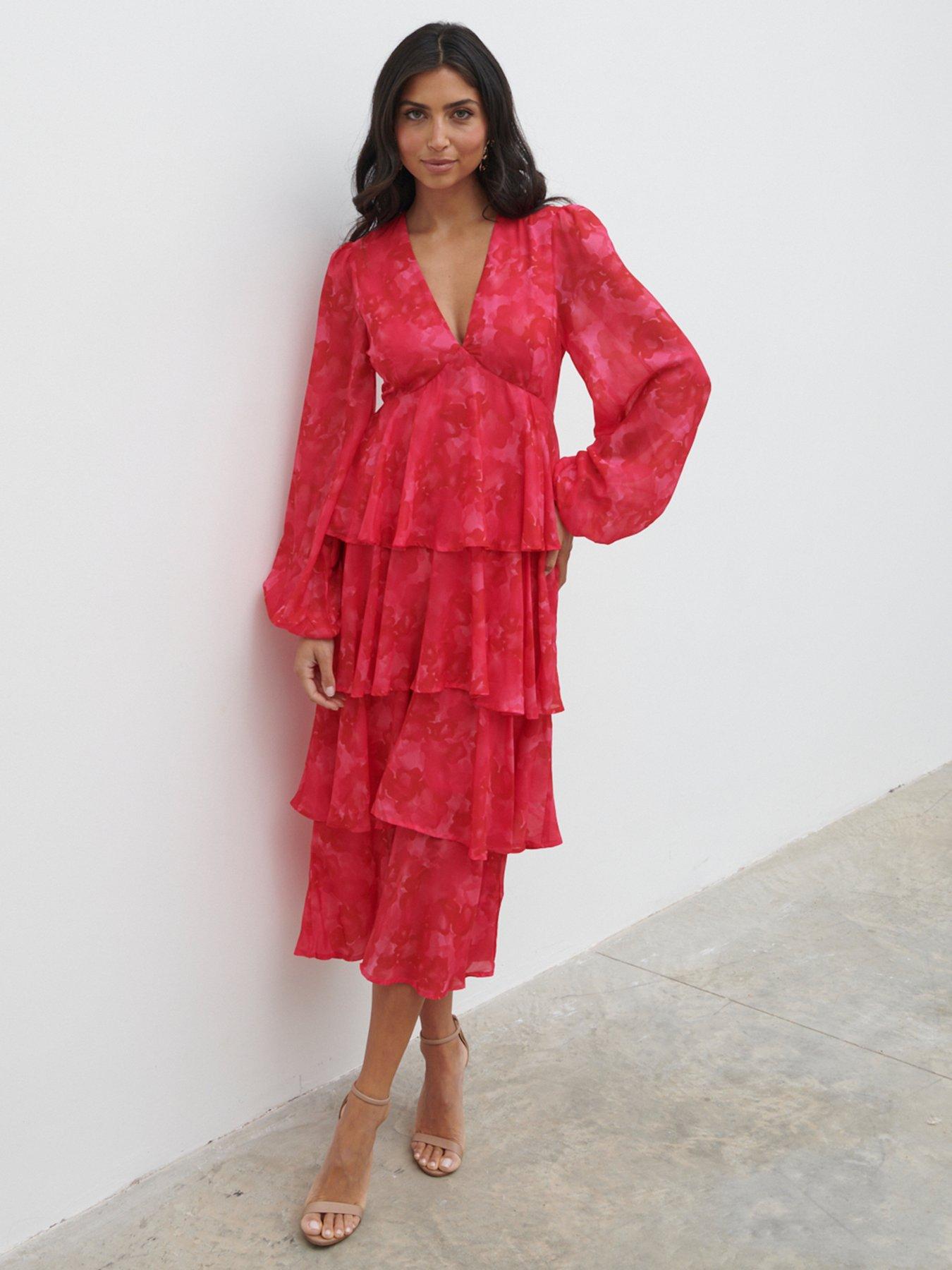 Pretty Lavish Ashton Ruffle Midi Dress - & Red - Pink | Very