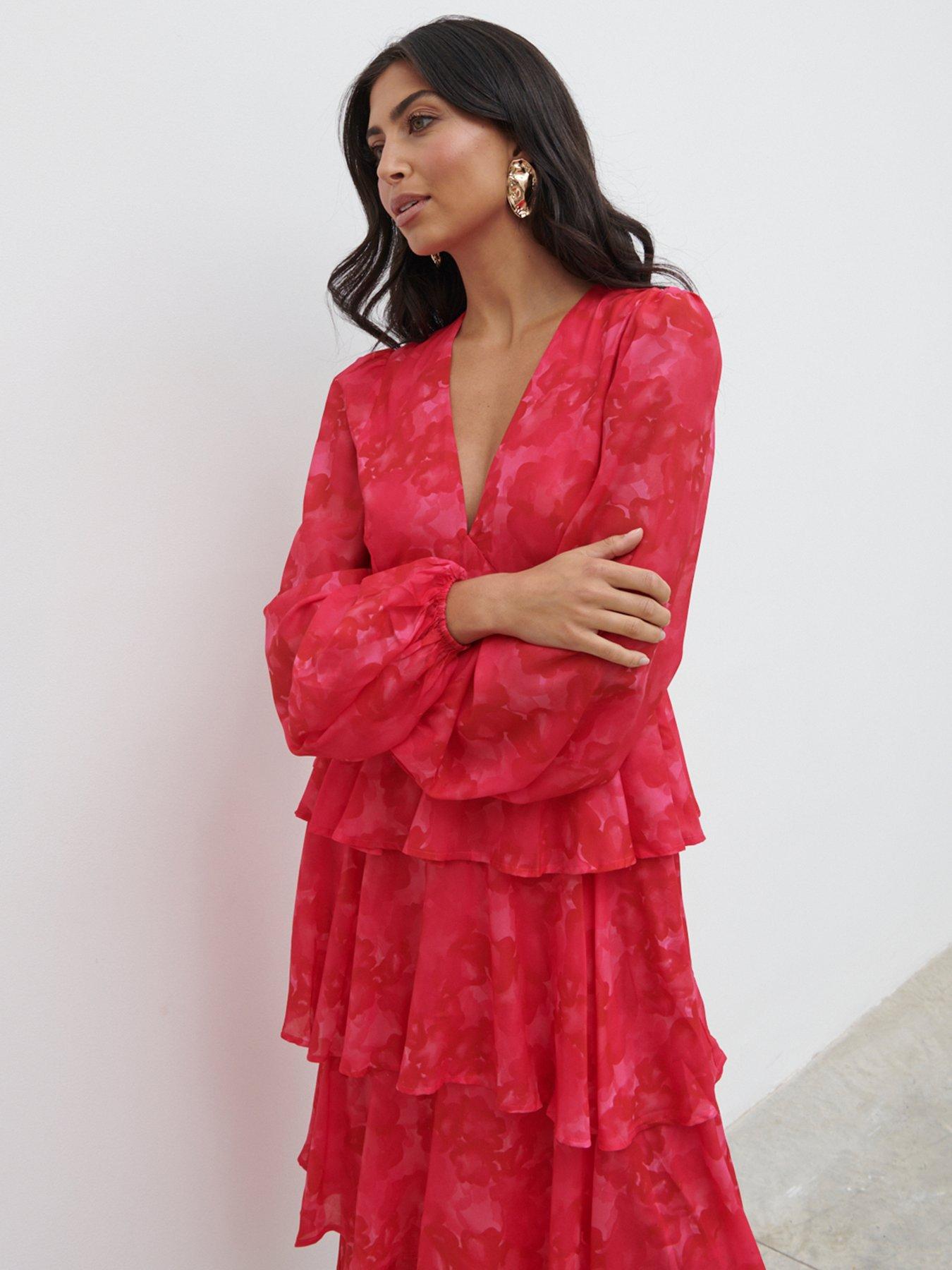 Pretty Lavish Ashton Ruffle Midi Dress - & Red - Pink | Very