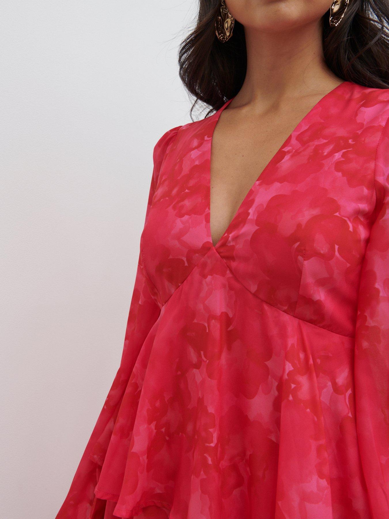 Pretty Lavish Ashton Ruffle Midi Dress - Pink & Red | Very.co.uk