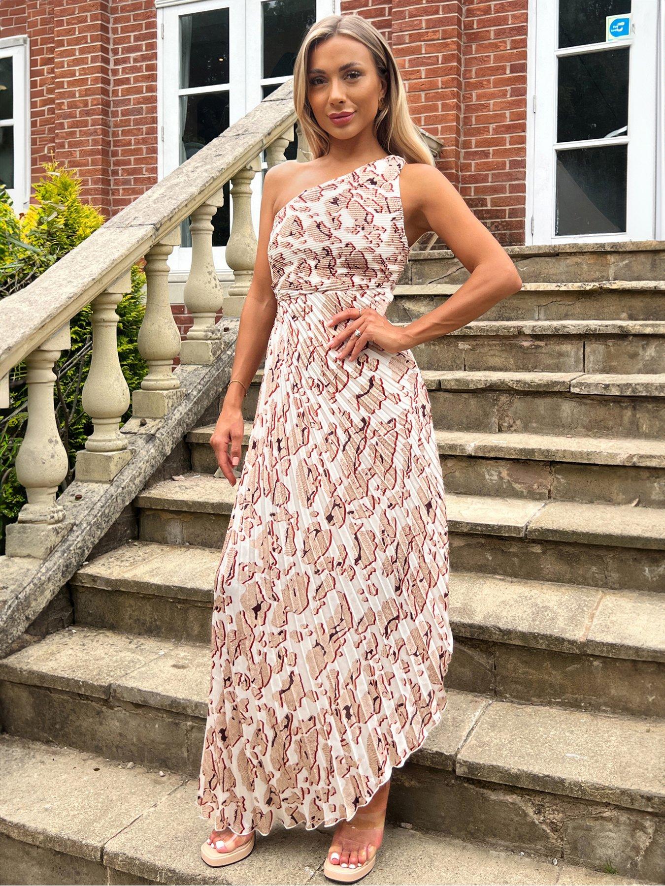 Image 1 of 4 of AX Paris Pleated One Shoulder Printed Dress - Cream