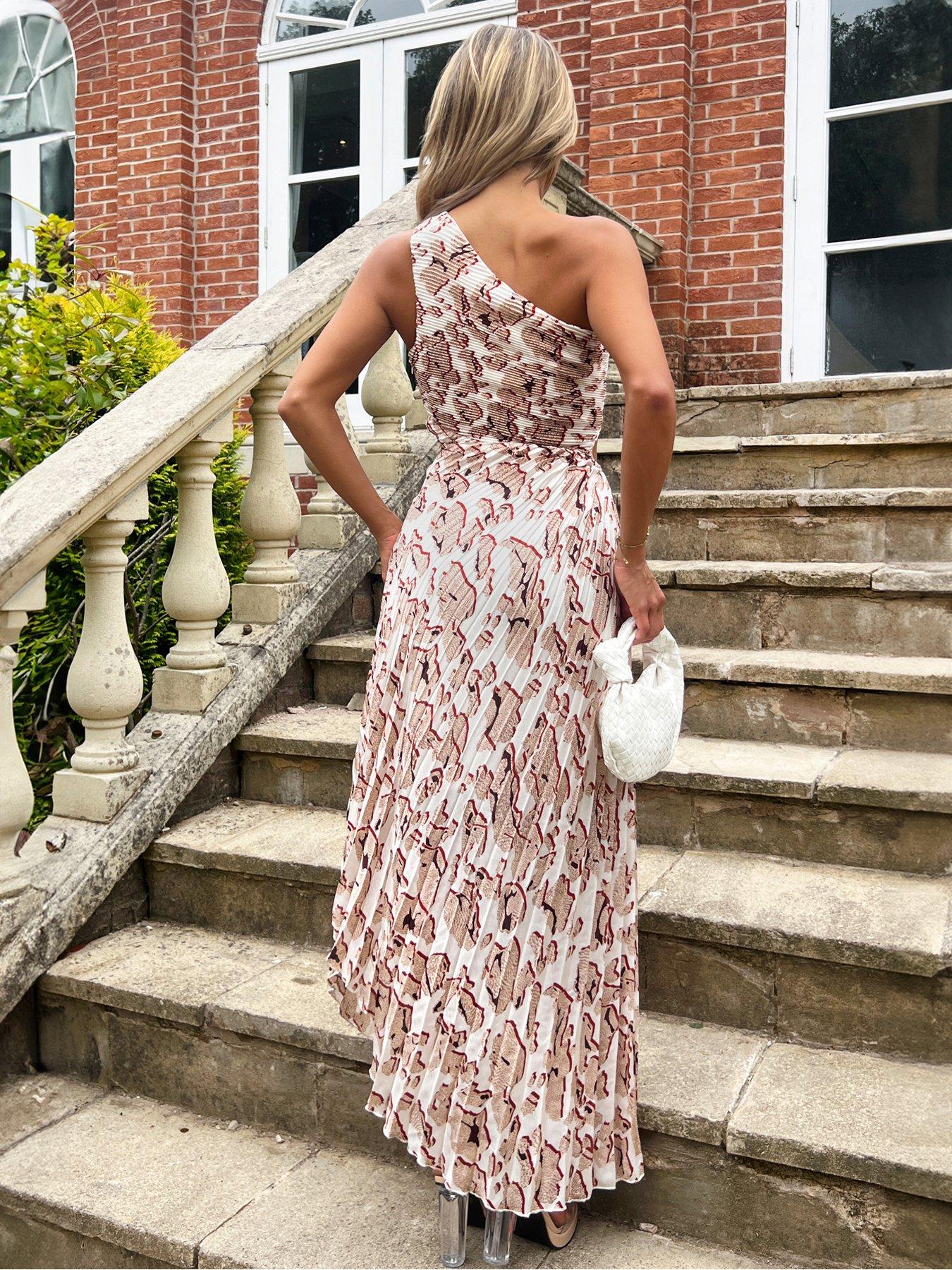 Image 2 of 4 of AX Paris Pleated One Shoulder Printed Dress - Cream