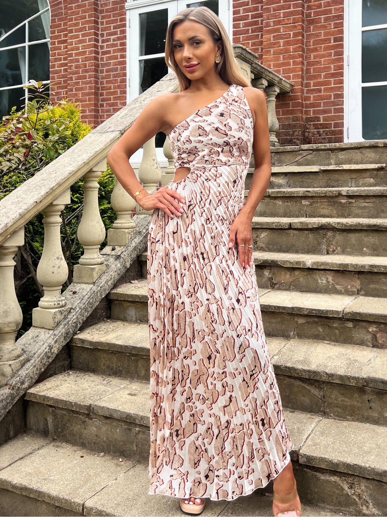 Image 3 of 4 of AX Paris Pleated One Shoulder Printed Dress - Cream
