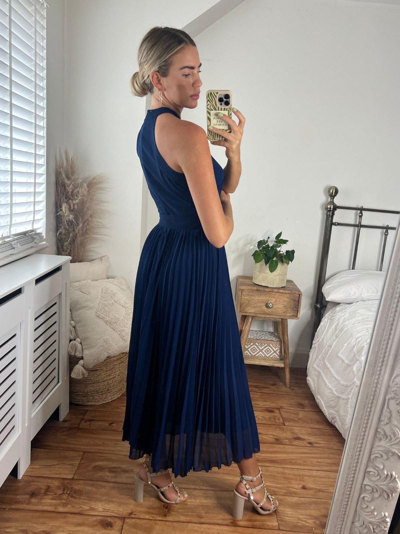 Halter Pleated Belted Dress Navy