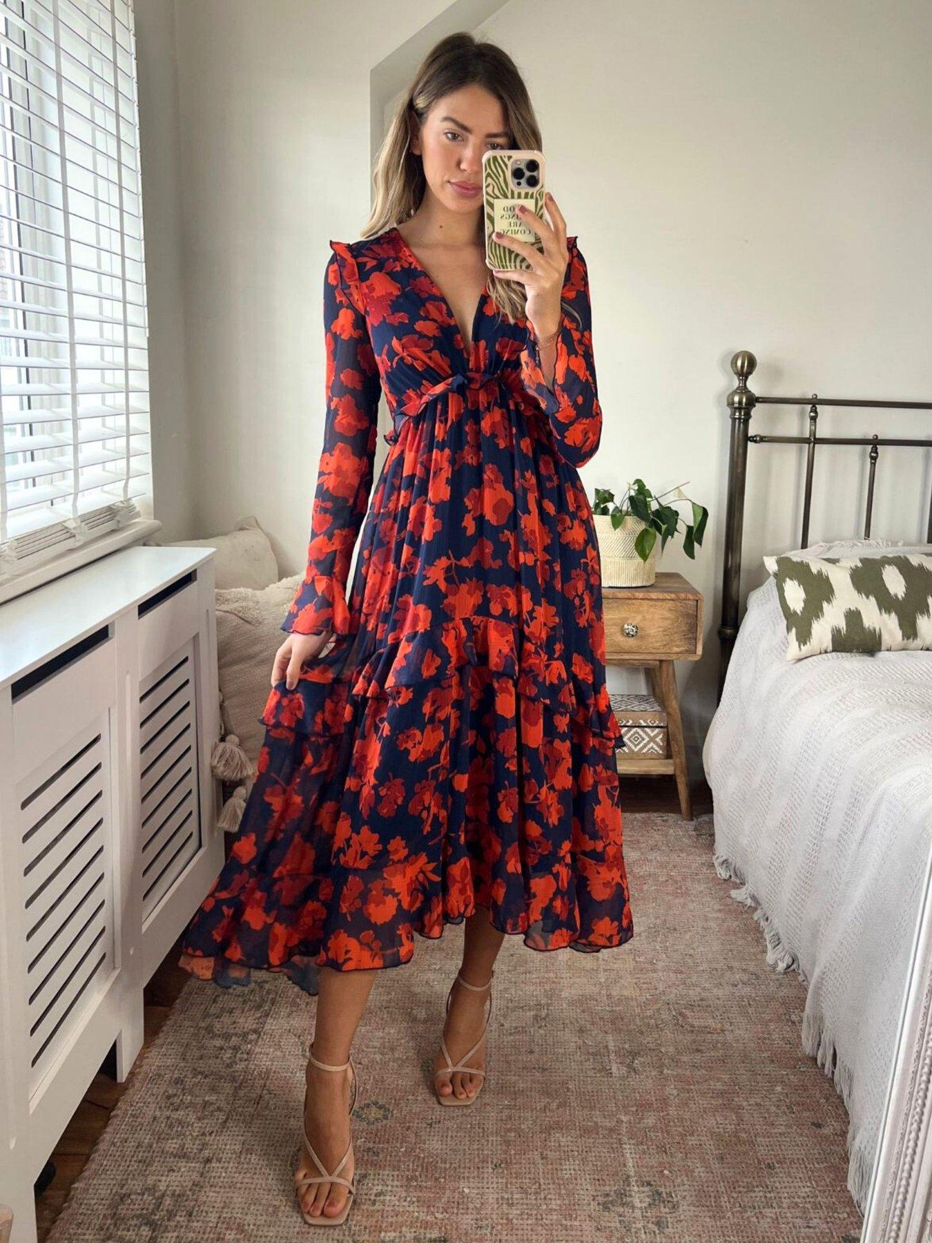 undefined Ruffle Detail Midi Dress - Navy