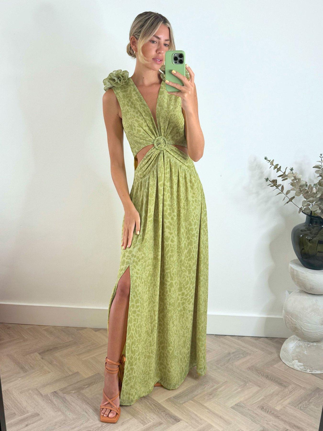 style cheat corsage detail v neck maxi dress - green