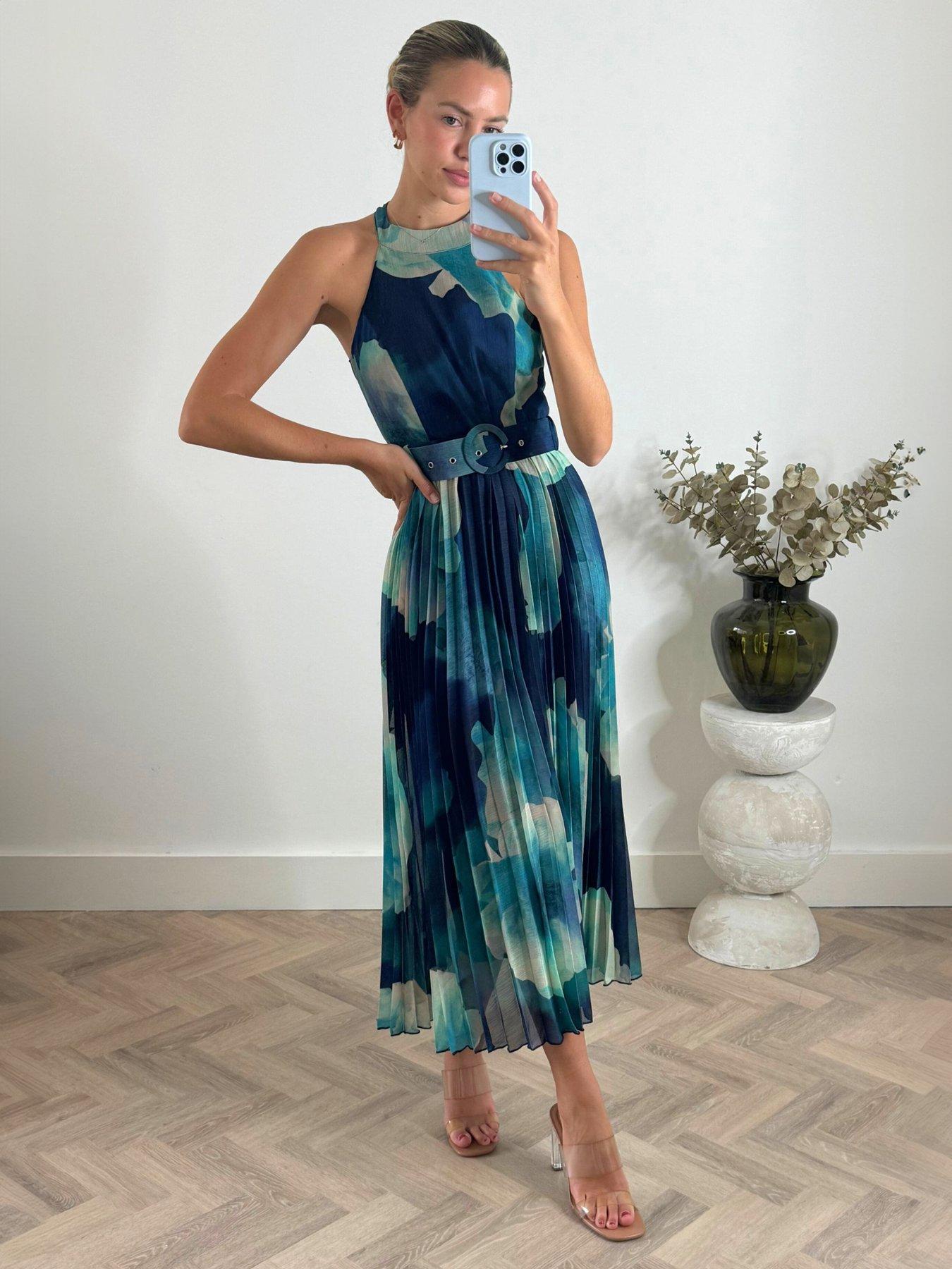 Image 1 of 4 of Style Cheat Halter Floral Pleated Midi Dress - Blue