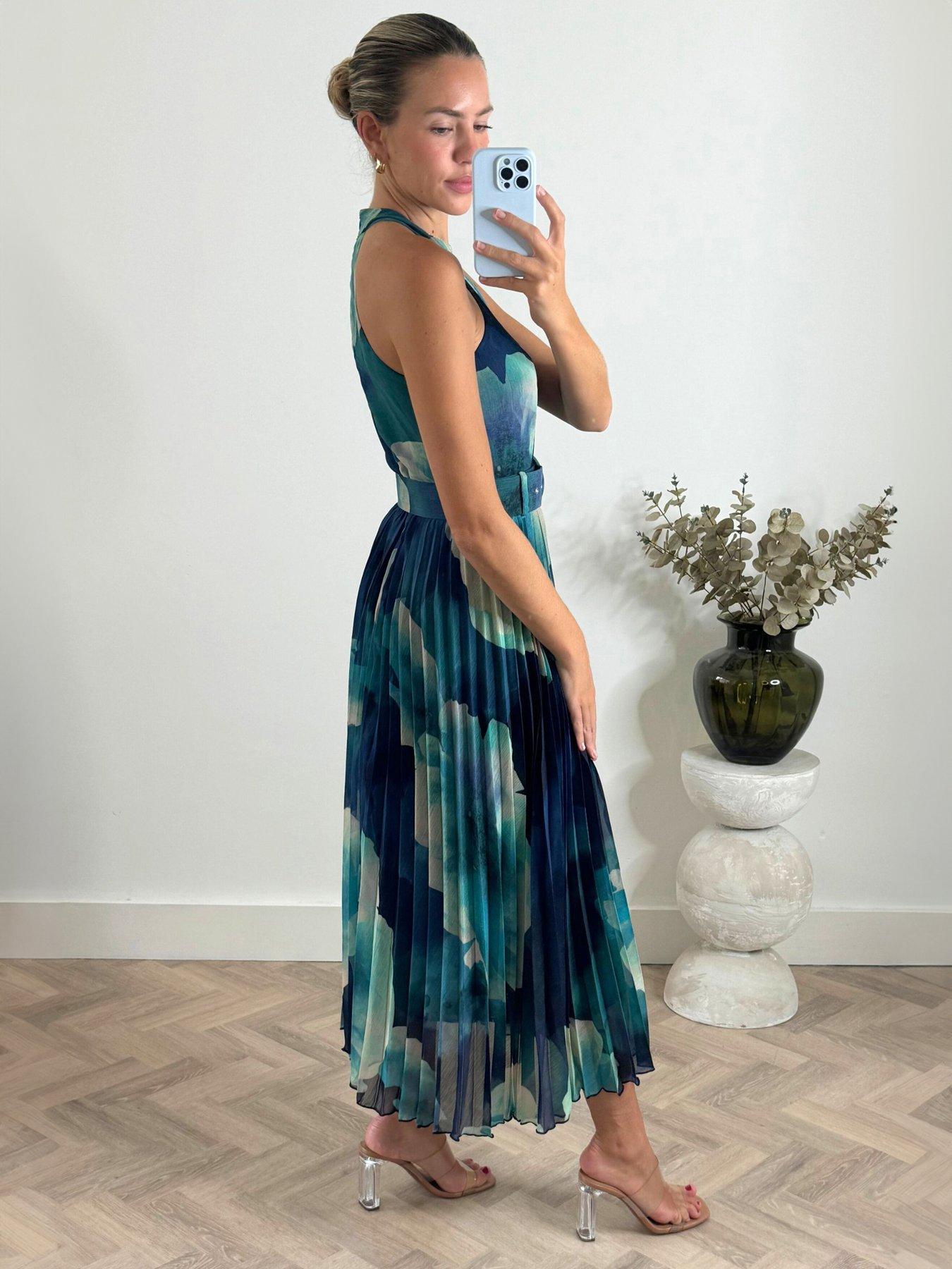 Image 2 of 4 of Style Cheat Halter Floral Pleated Midi Dress - Blue