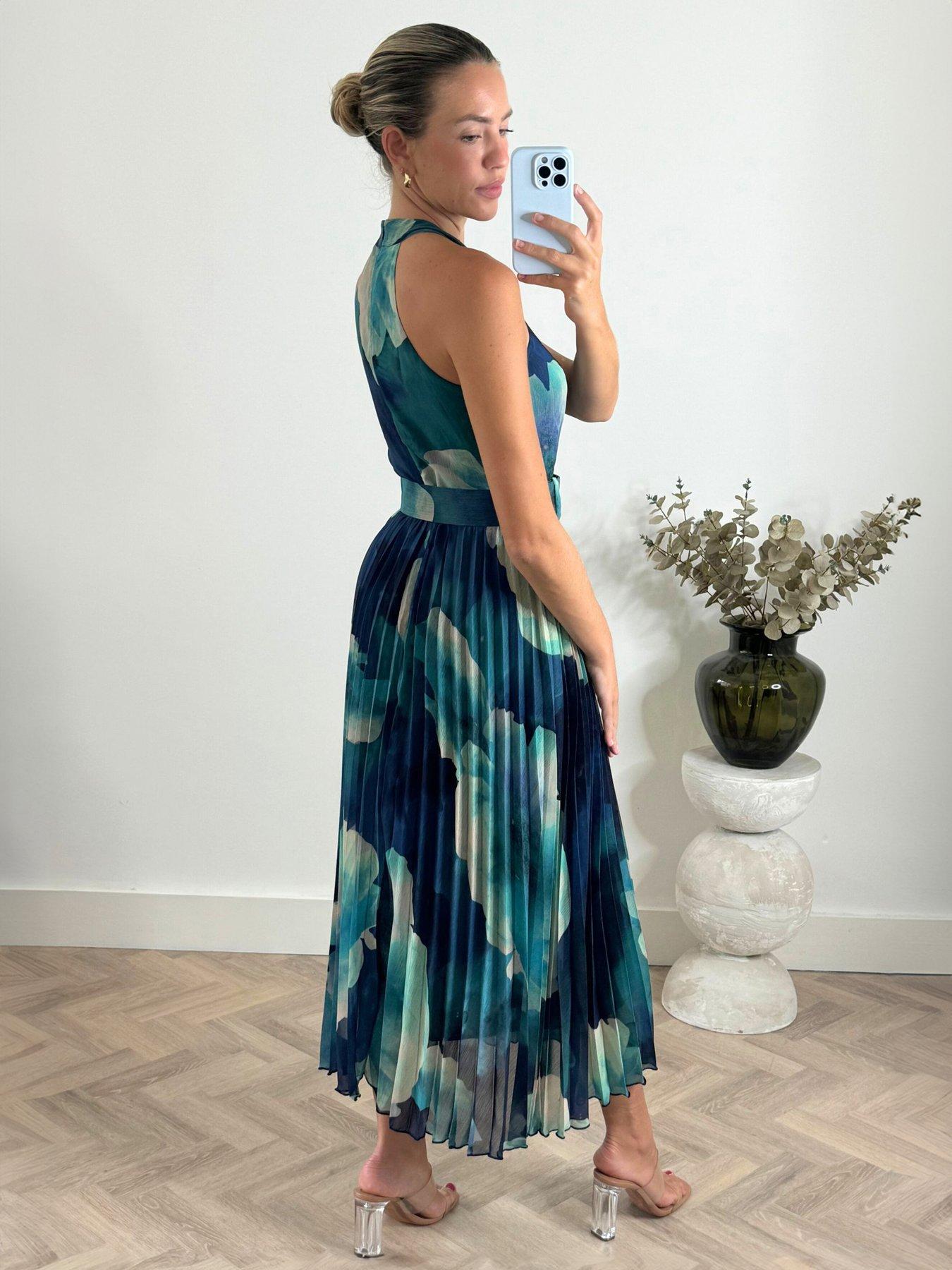 Image 3 of 4 of Style Cheat Halter Floral Pleated Midi Dress - Blue