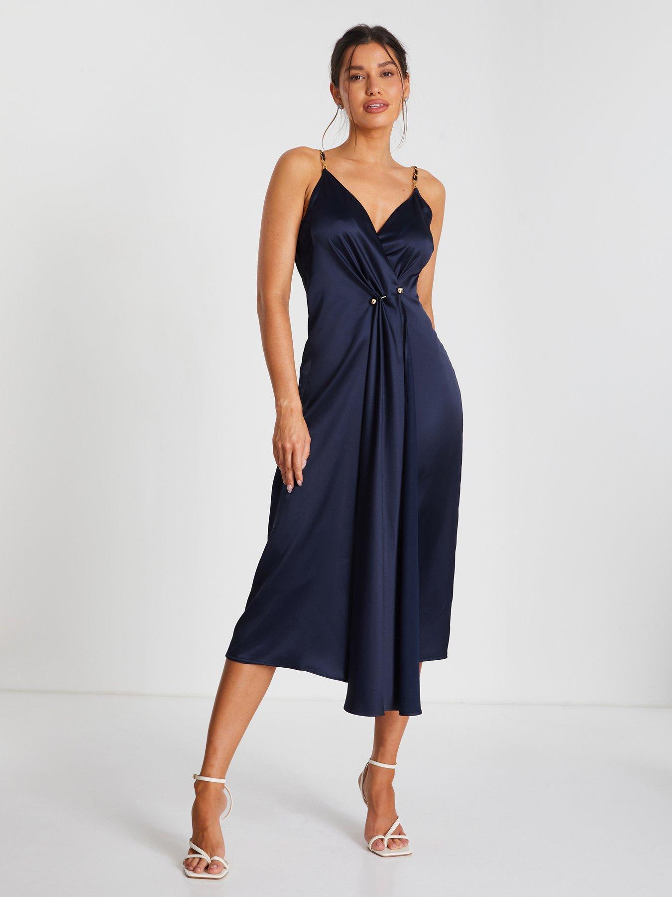 Quiz Navy Satin Buckle Front Midaxi Dress | Very.co.uk