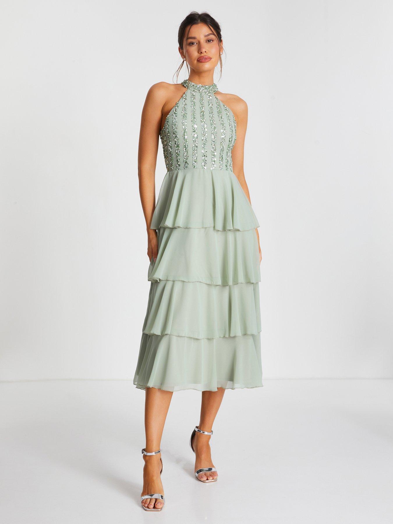 Image 1 of 6 of Quiz Sage Embellished Chiffon Midi Dress