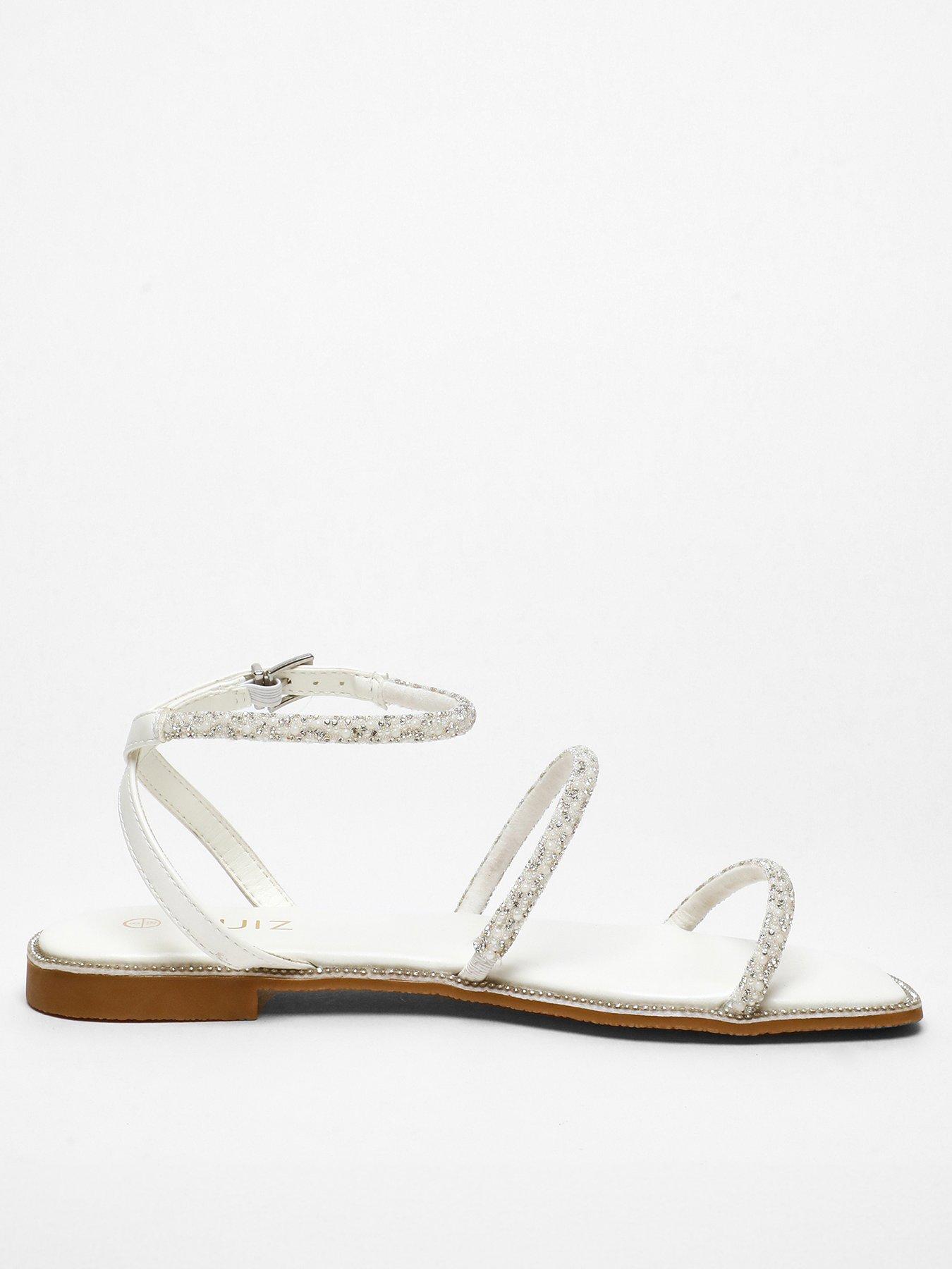 Quiz Diamante Double Strap Flat Sandals White