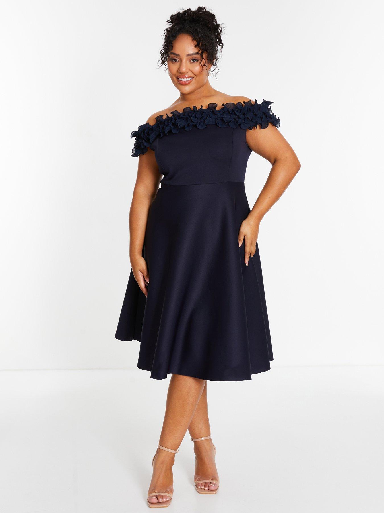 Quiz Curve Navy Bardot Ruffle Skater Midi Dress | Very.co.uk