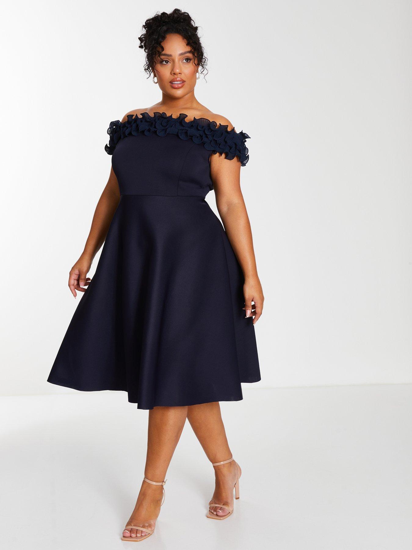 Quiz Curve Navy Bardot Ruffle Skater Midi Dress | Very.co.uk