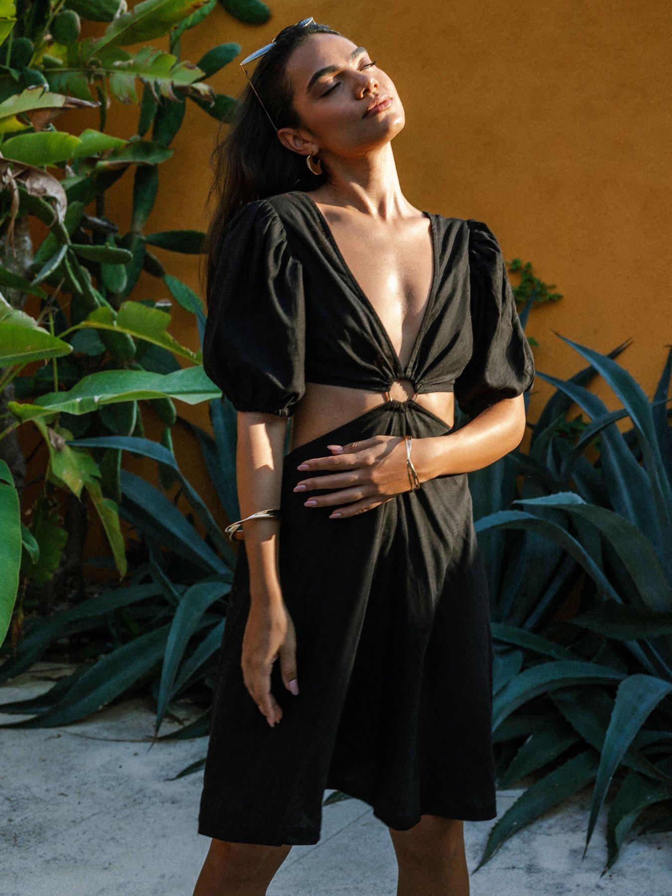 CHELSEA PEERS Linen-blend Puff Sleeve Mini Dress - Black