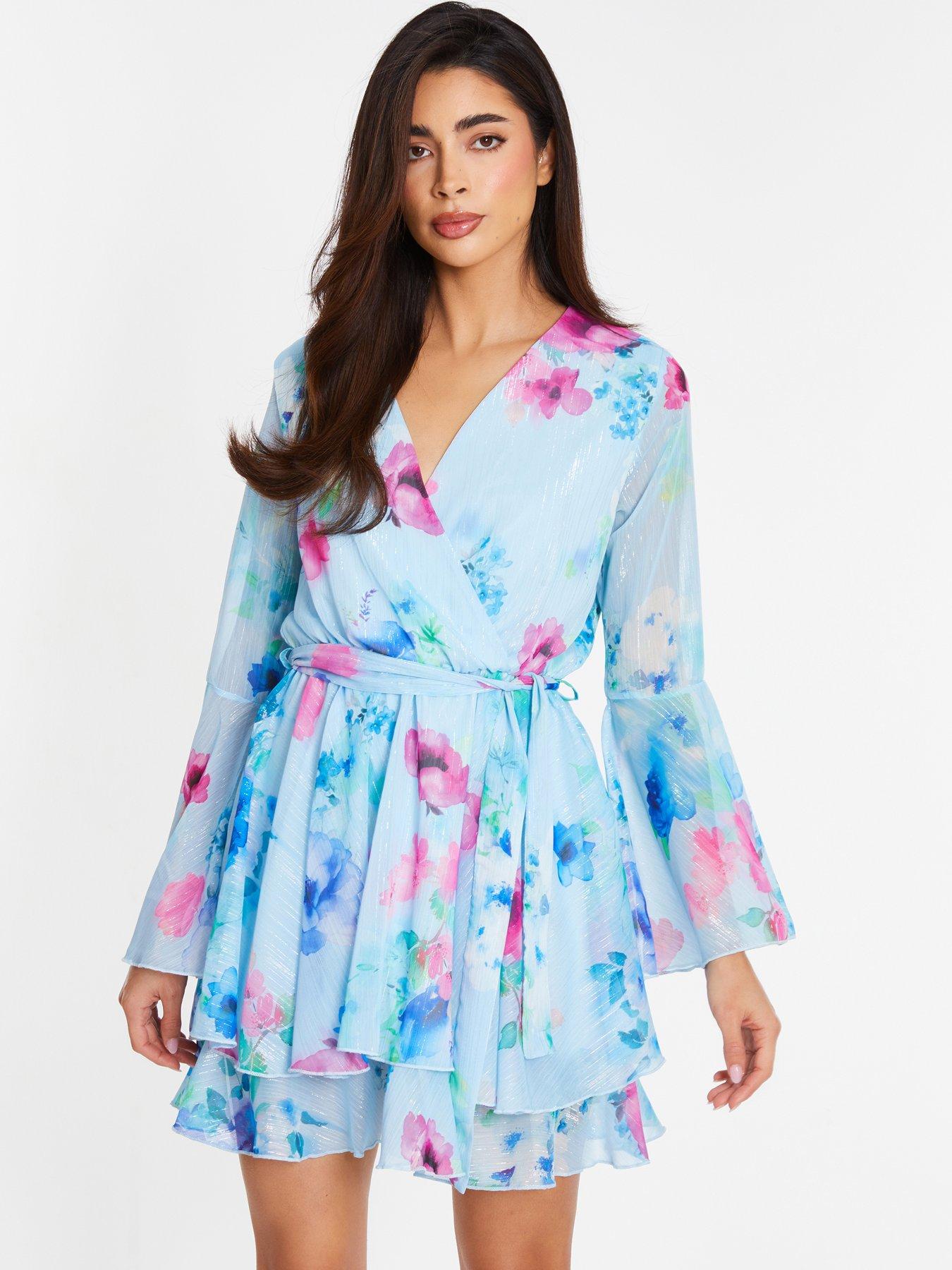 Quiz Blue Floral Chiffon Skater Dress | Very.co.uk