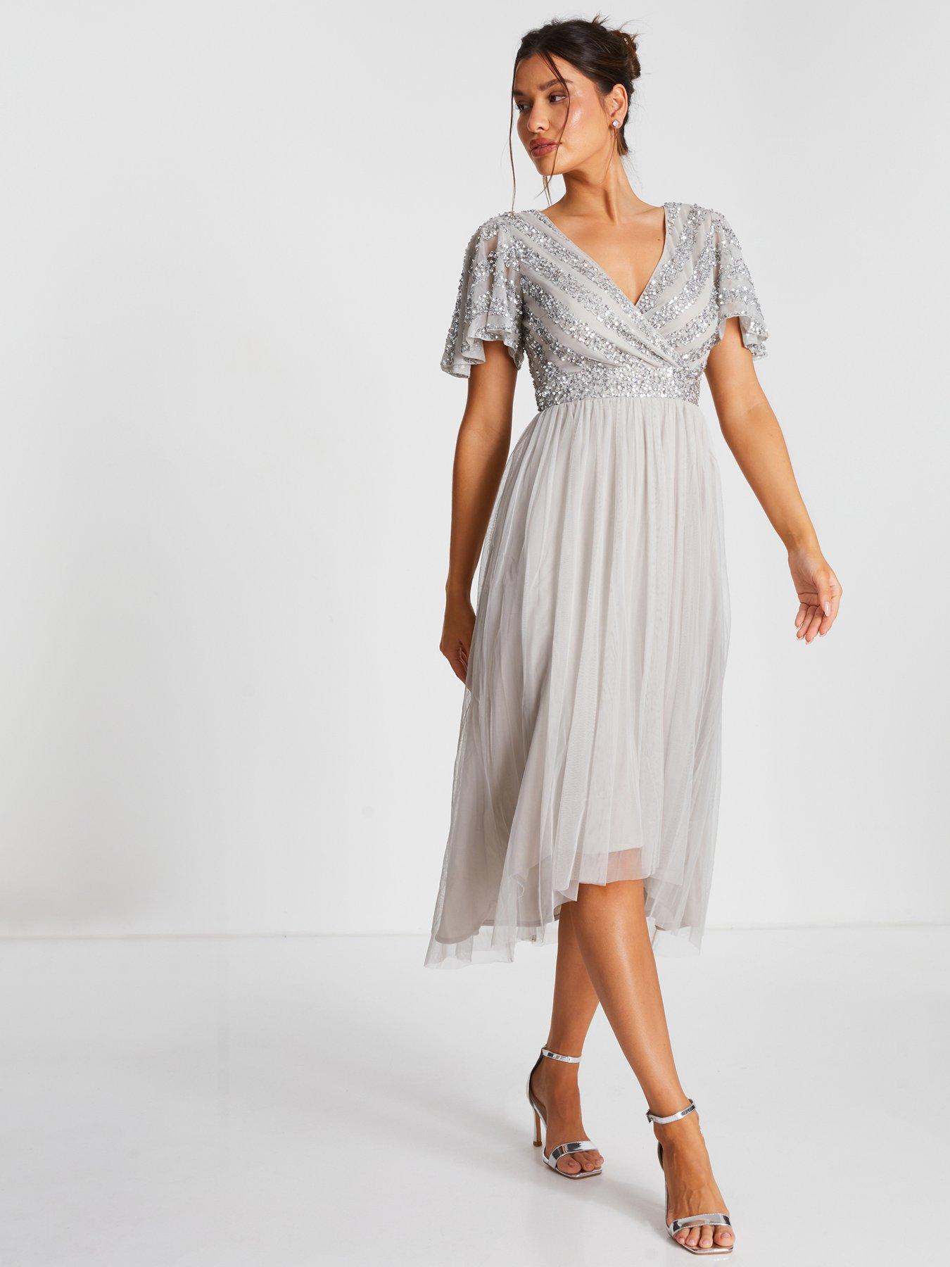 Quiz Grey Sequin Wrap Tulle Midi Dress