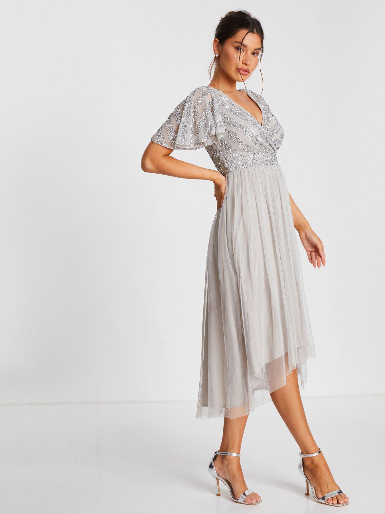 Quiz Grey Sequin Wrap Tulle Midi Dress | Very.co.uk