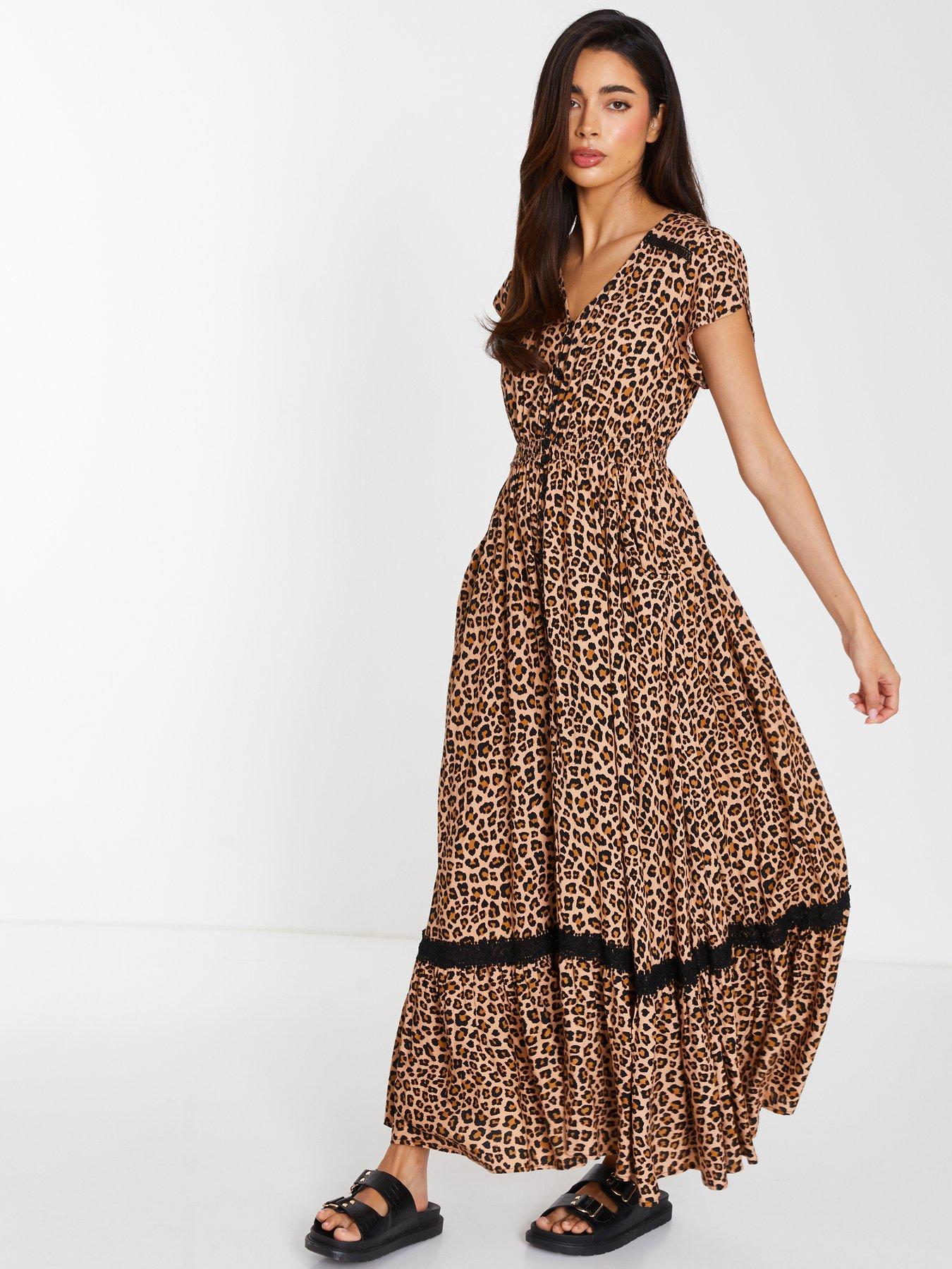 Image 3 of 6 of Quiz Leopard Print Crochet Trim Maxi Dress