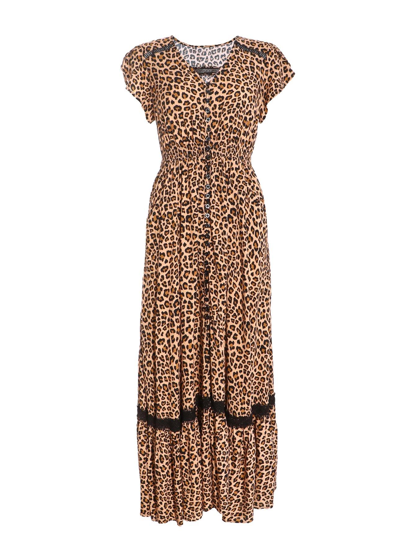 Image 4 of 6 of Quiz Leopard Print Crochet Trim Maxi Dress